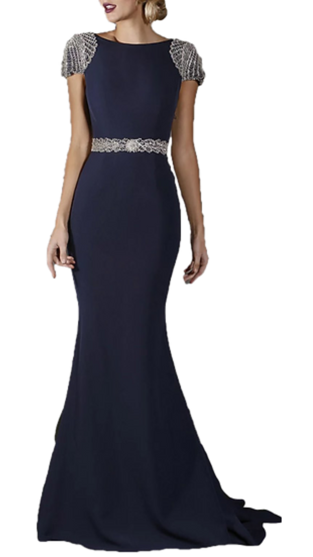 Jadore Edith Cap Sleeved Embellished Waist Gown in Navy