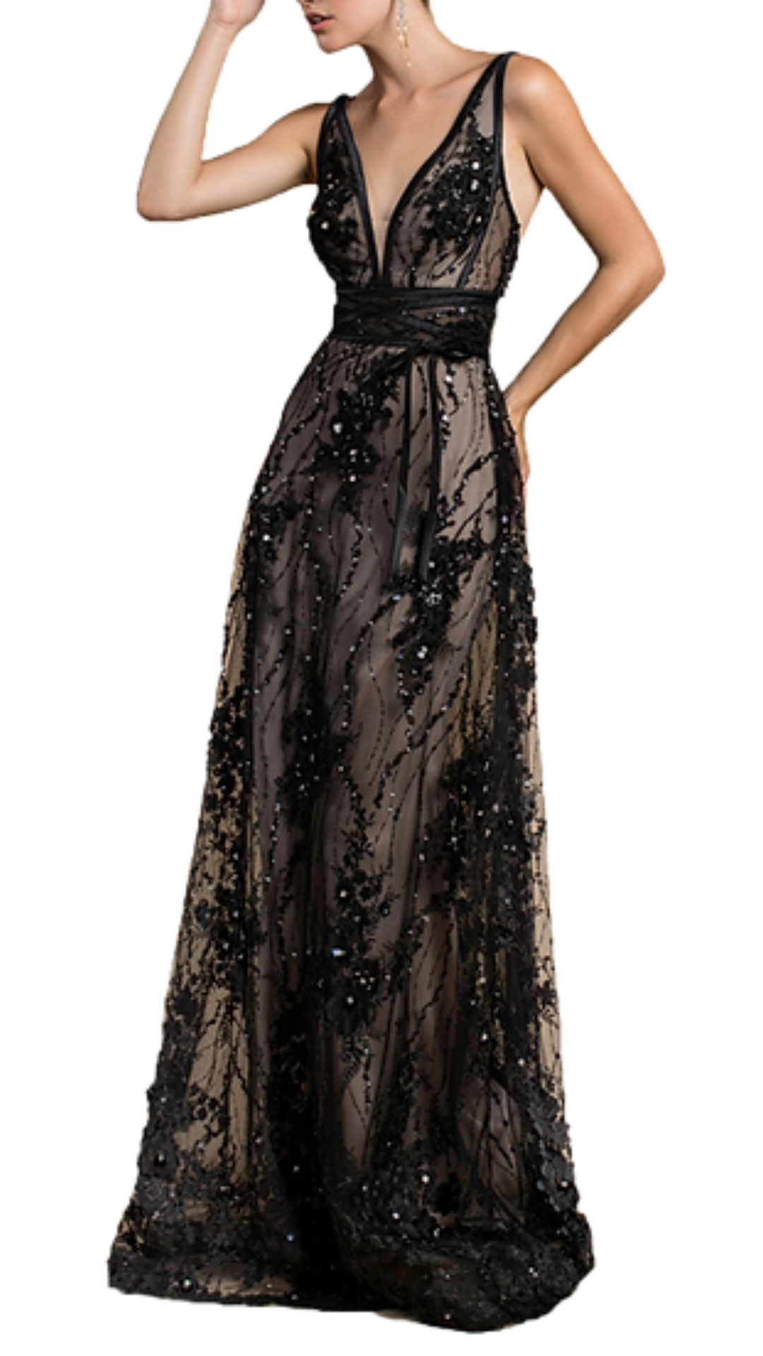 Andrea & Leo Sylvia Sheer Embellished Gown in Black