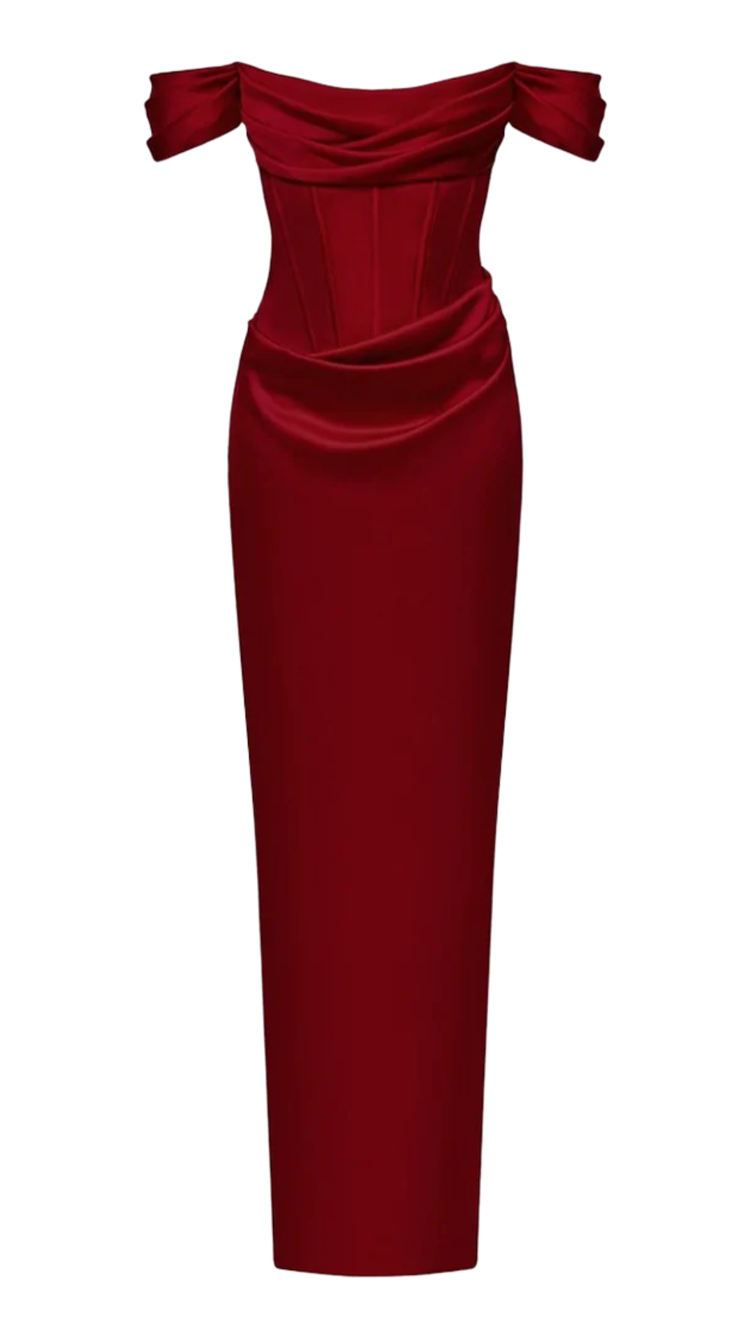 Rasario Taryn Off-Shoulder Drape Corset Satin Dress in Burgundy