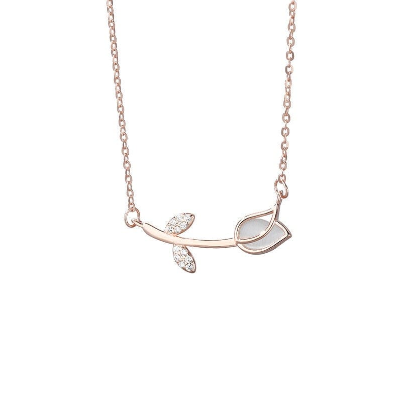 Dainty CZ Inlaid Natural Opal Tulip Chain Necklace