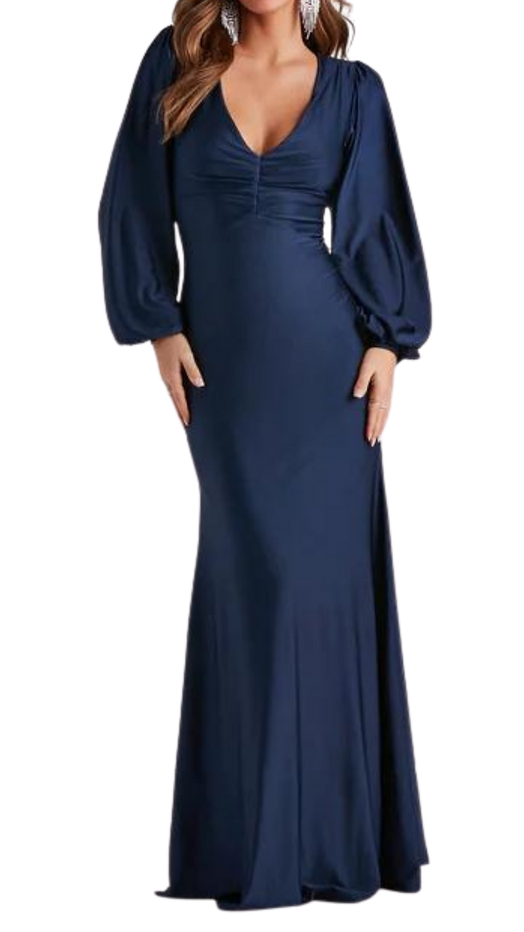Dakotah Balloon Sleeved Mermaid Gown in Navy