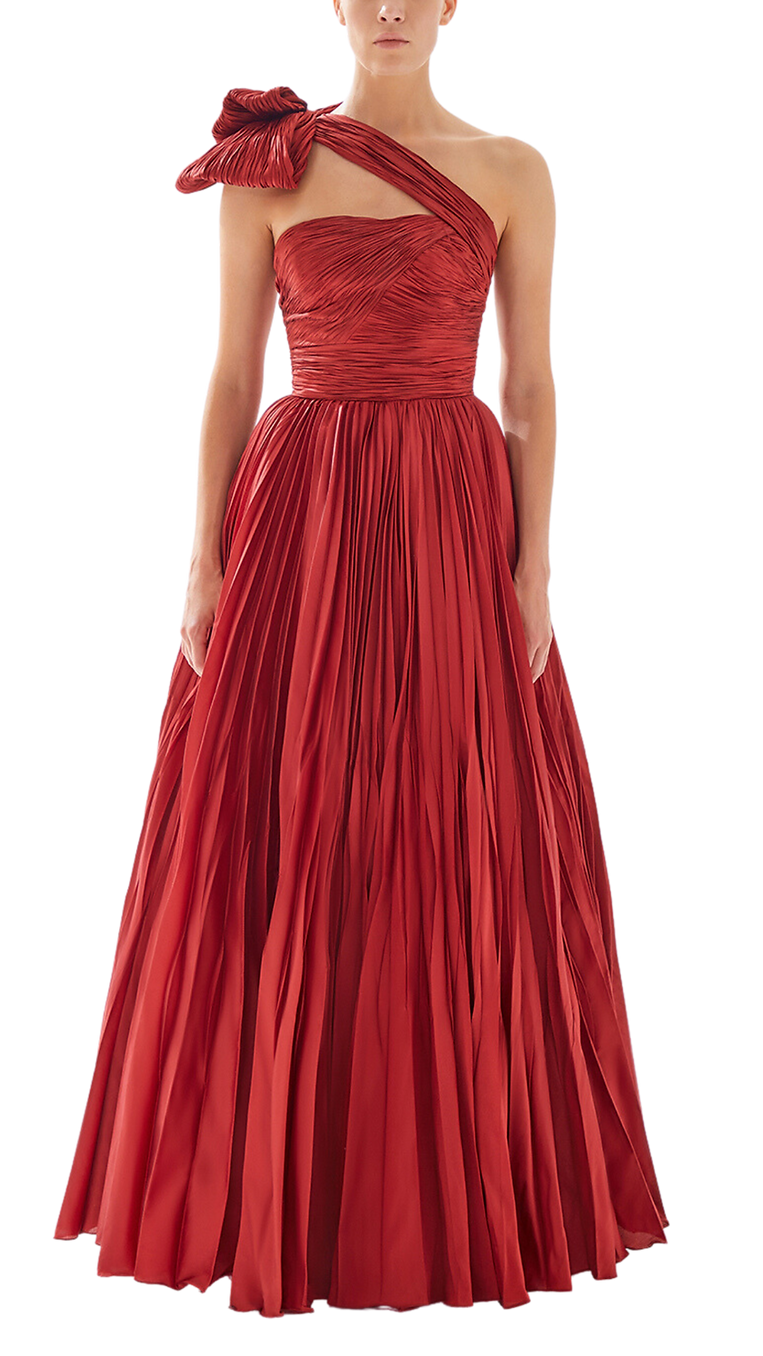 Tarik Ediz Spark Bow Pleated Gown in Burgundy