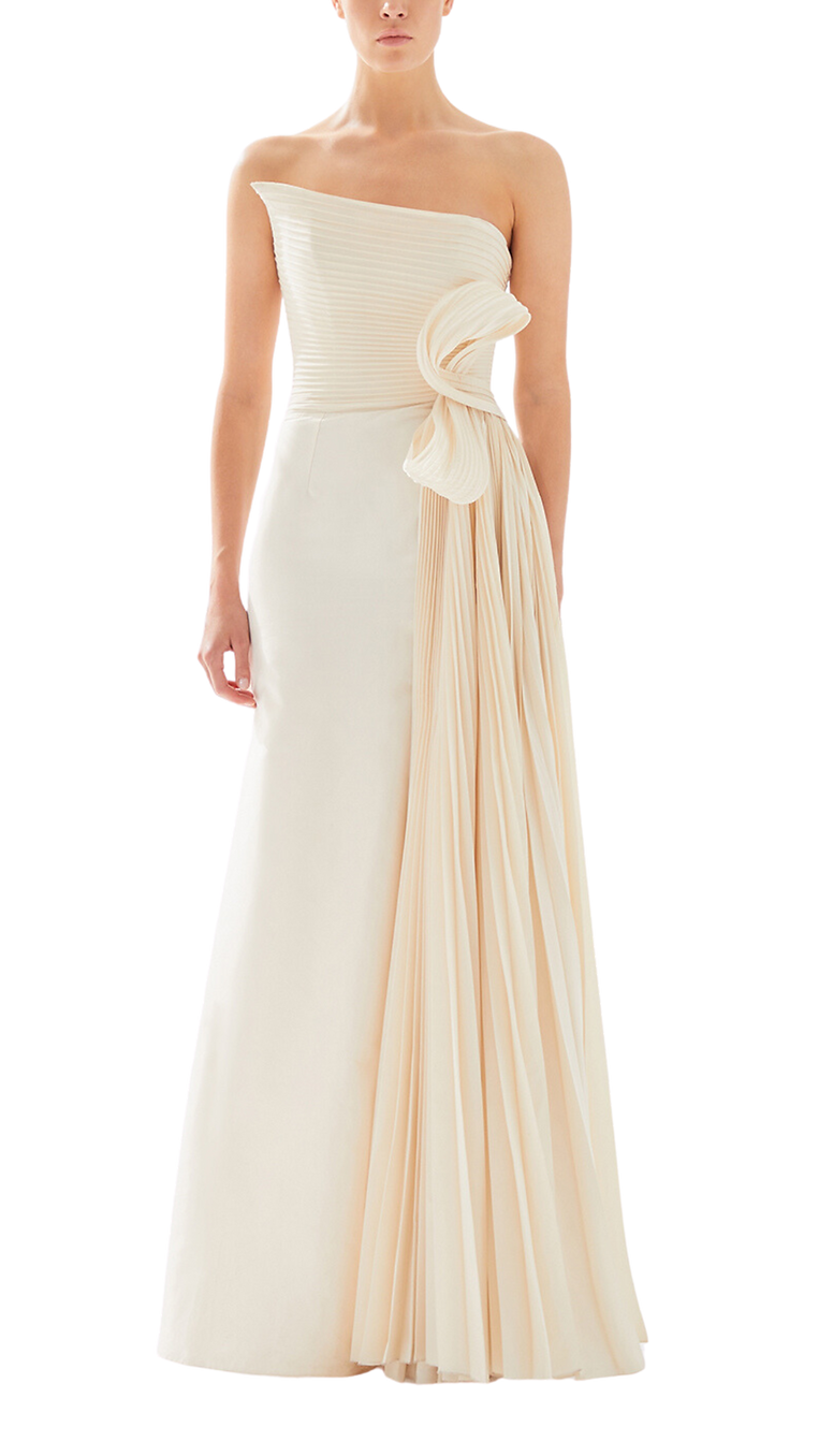 Tarik Ediz Peltz Asymmetrical Pleated Gown in Vanilla