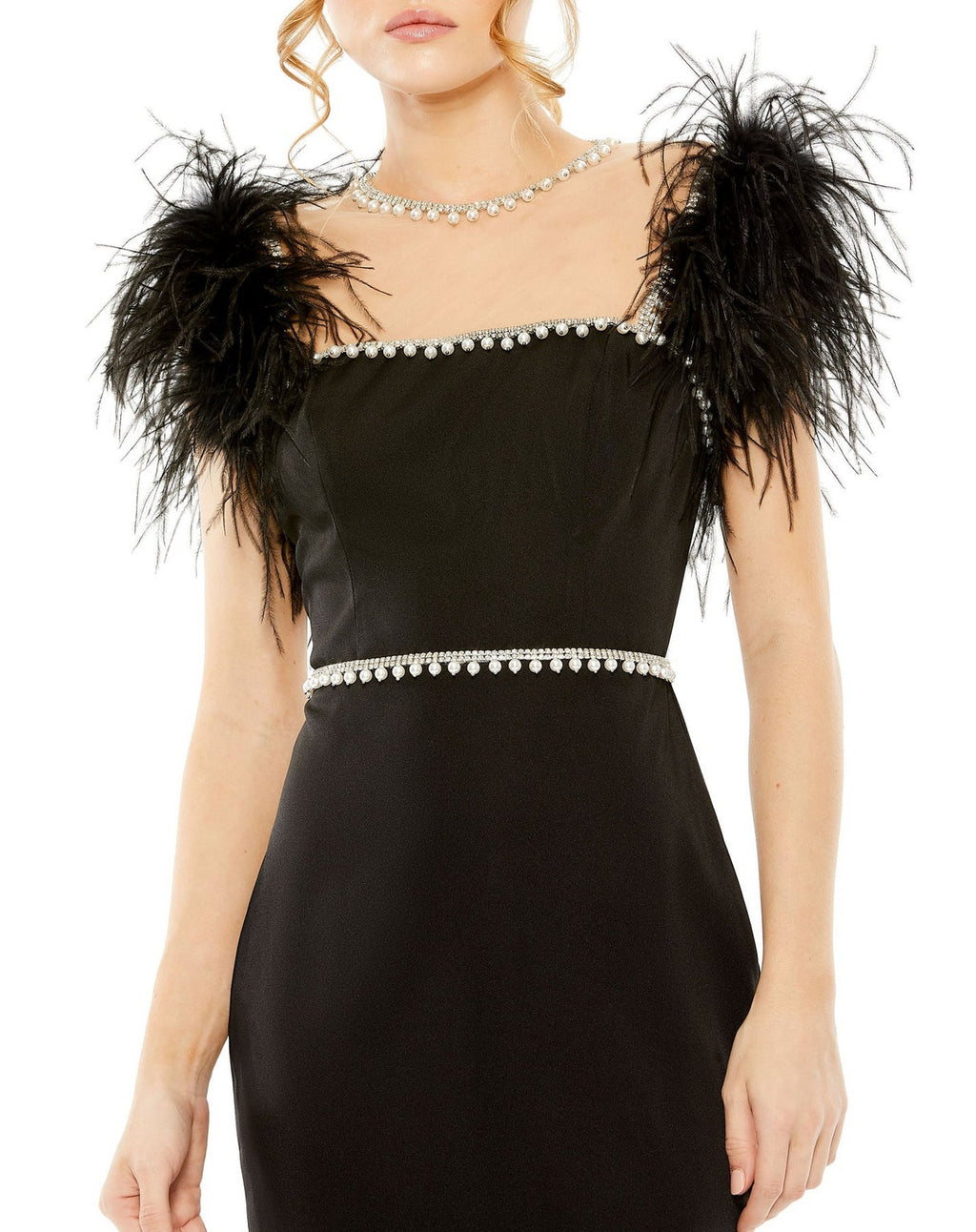 Mac Duggal 11438 Feather Cap Sleeve Pearl Embellished Tea Length Fit Dress