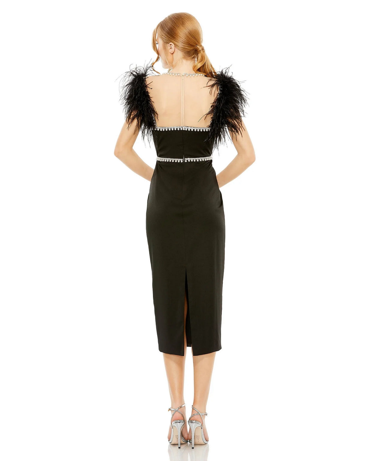 Mac Duggal 11438 Feather Cap Sleeve Pearl Embellished Tea Length Fit Dress