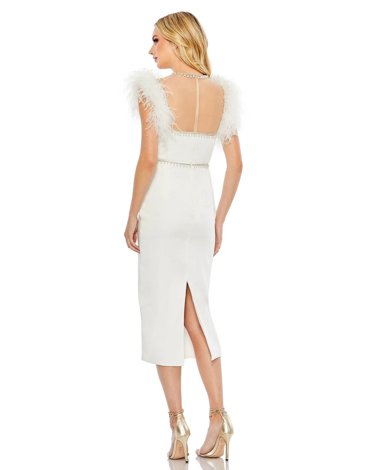 Mac Duggal 11438 Feather Cap Sleeve Pearl Embellished Tea Length Fit Dress