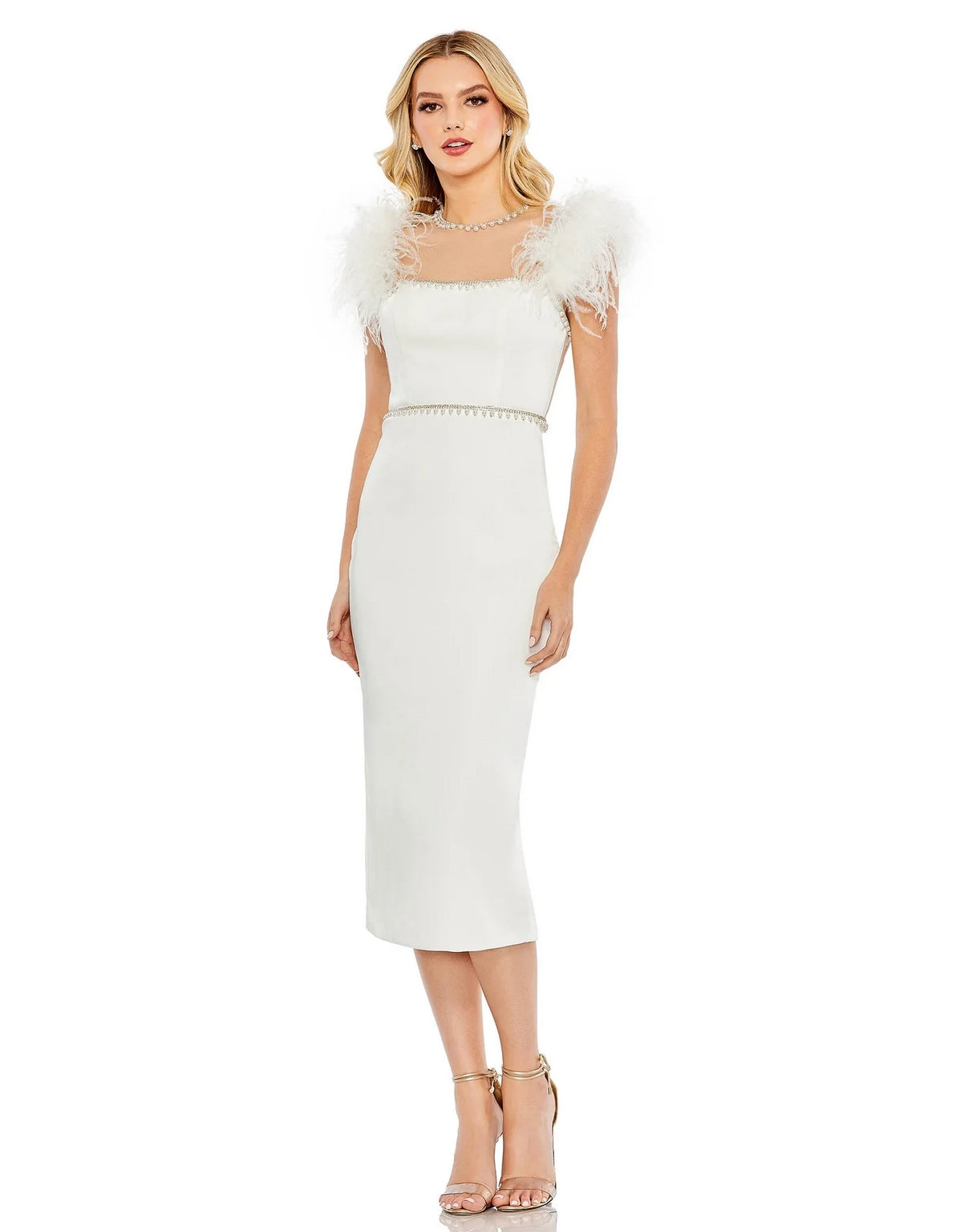 Mac Duggal 11438 Feather Cap Sleeve Pearl Embellished Tea Length Fit Dress