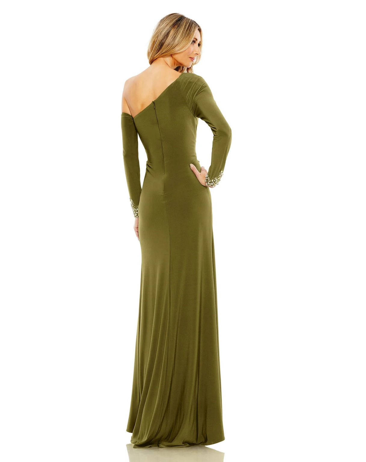 Mac Duggal 12489 Long Side Twist Drop Shoulder Beaded Cuff Dress