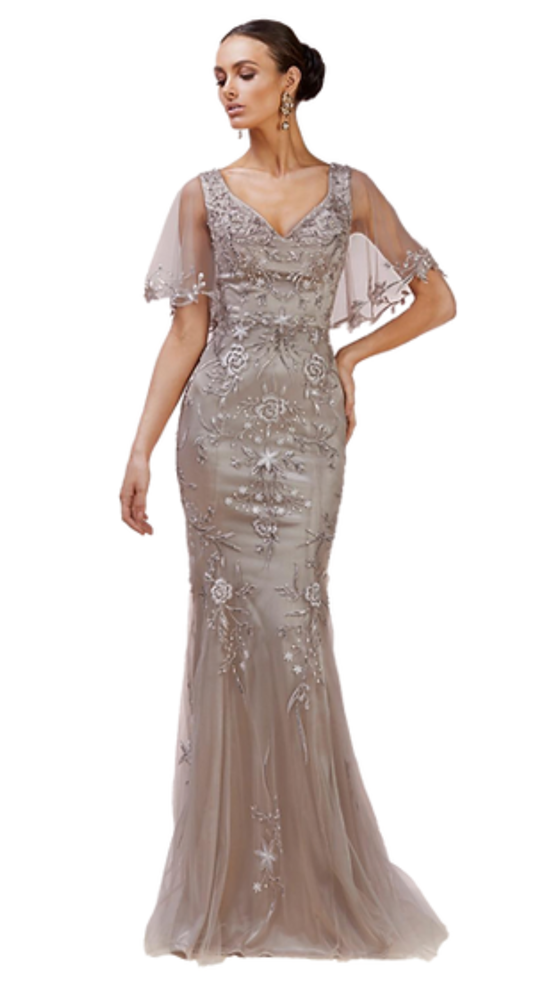 Andrea & Leo Juliette Sheer Sleeve Embellished Gown in Roman Silver