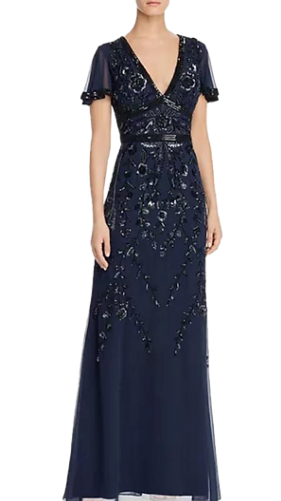 Aidan Mattox Melissa Beaded Short Sleeved Gown in Navy