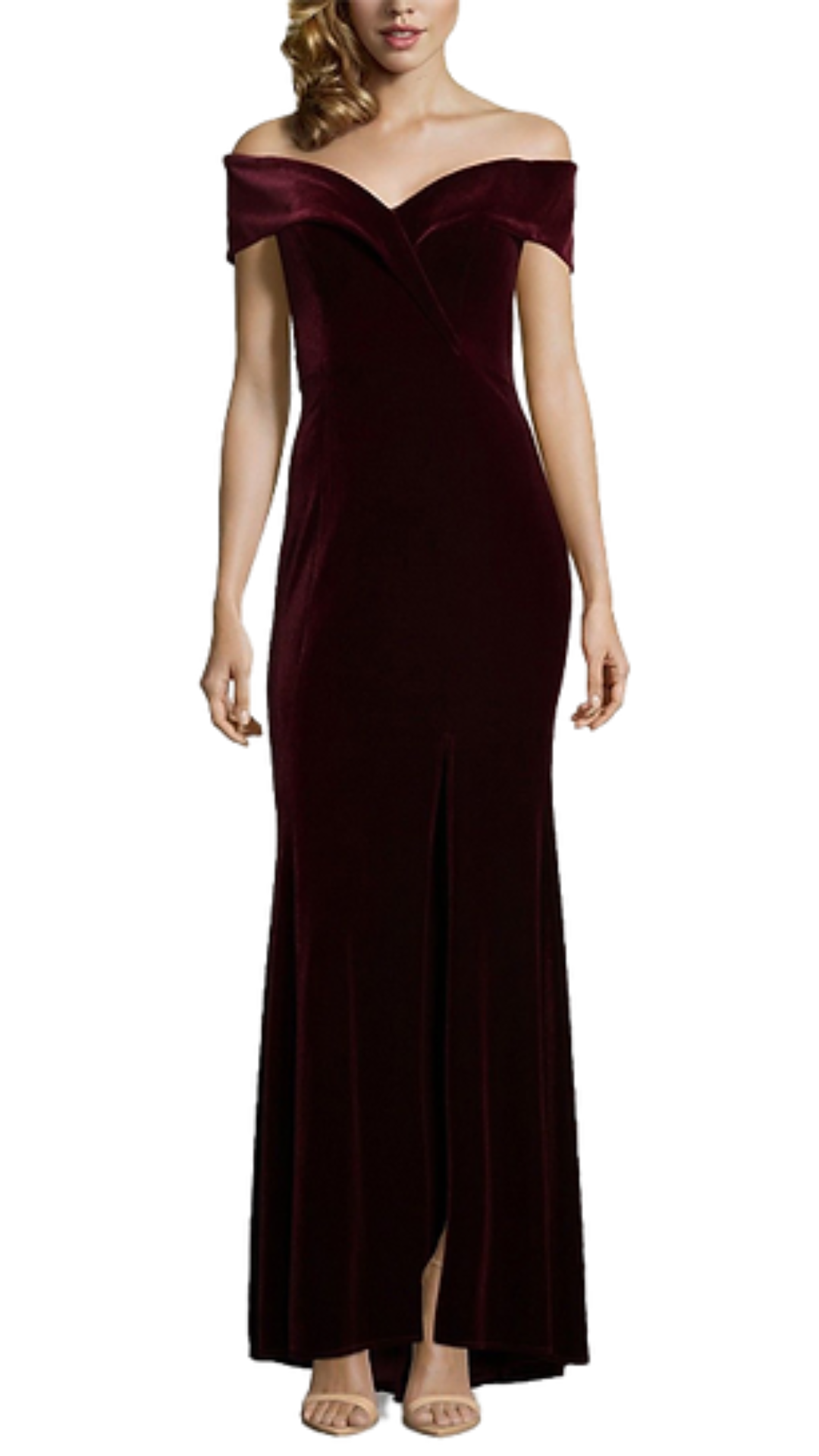 Excape Belair Off-Shoulder Velvet Gown in Burgundy