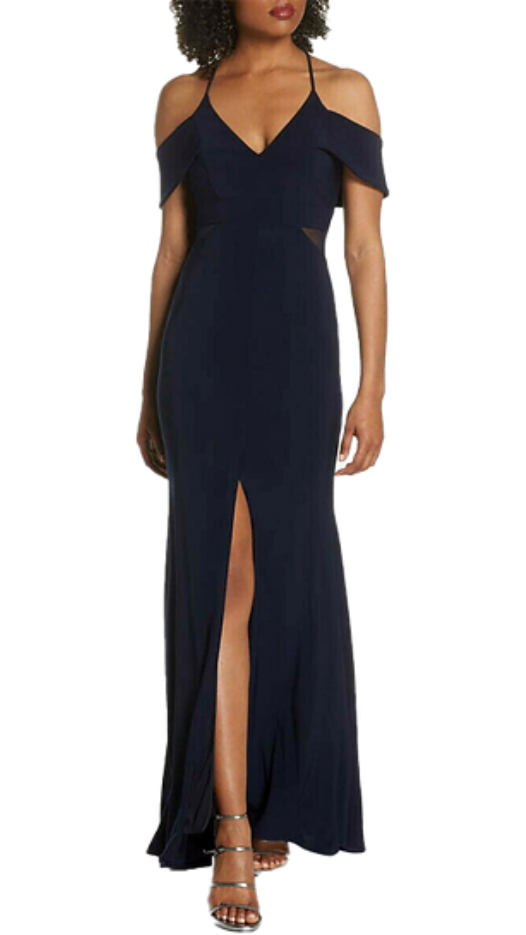 Excape Selena Off-Shoulder Slit Gown in Navy