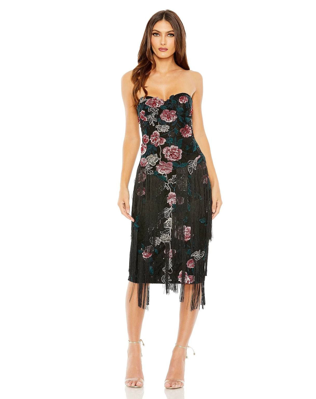 Mac Duggal 20577 Strapless Floral Embroidered Midi Fringe Dress