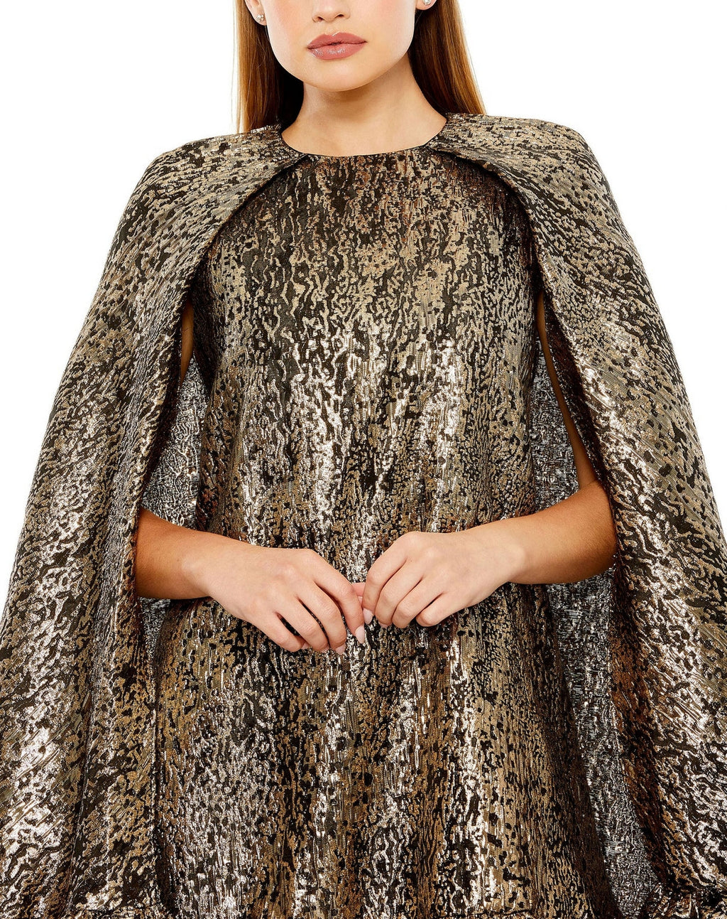 Mac Duggal 20700 High Neck Cape Sleeve Metallic Trapeze Short dress