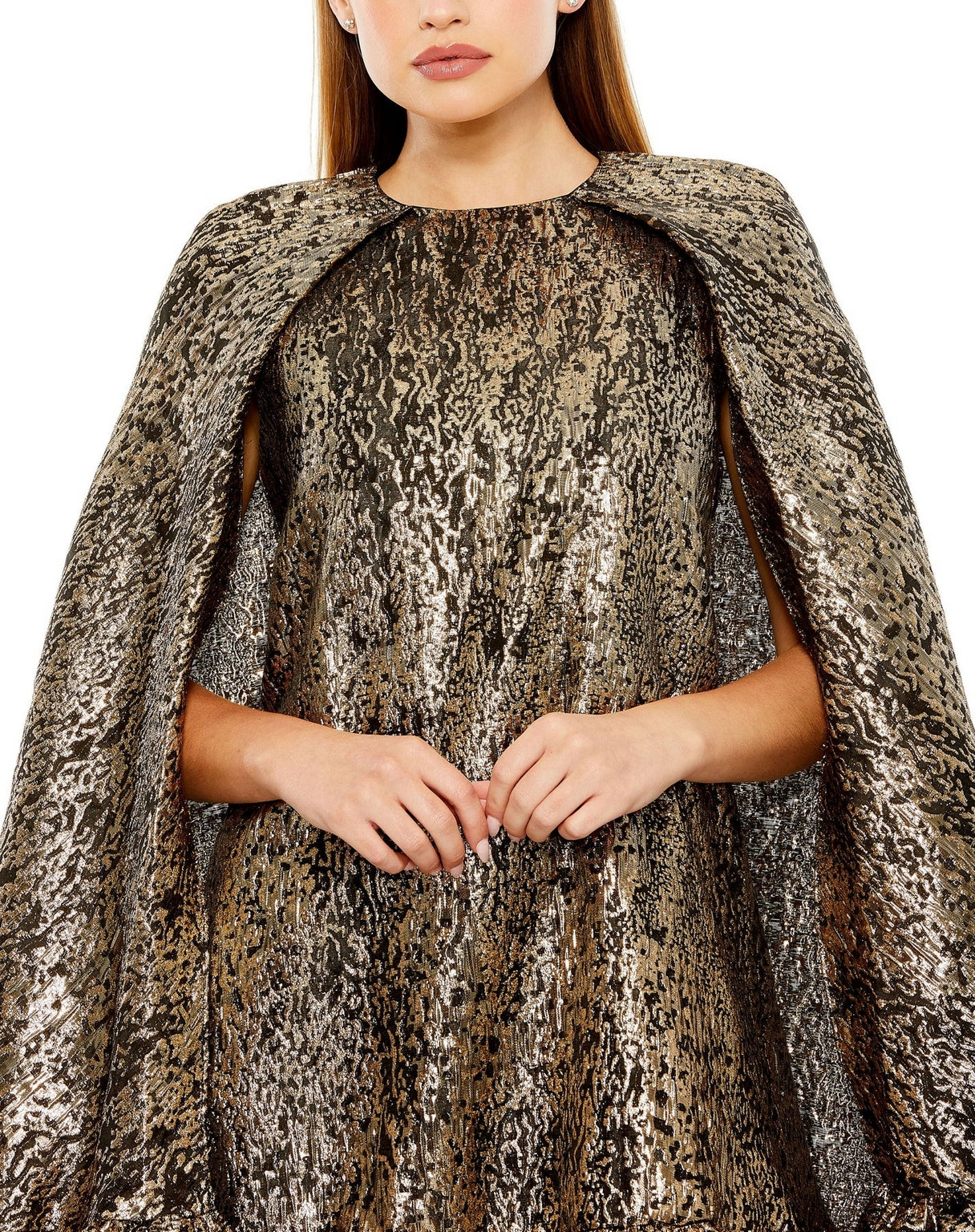 Mac Duggal 20700 High Neck Cape Sleeve Metallic Trapeze Short dress