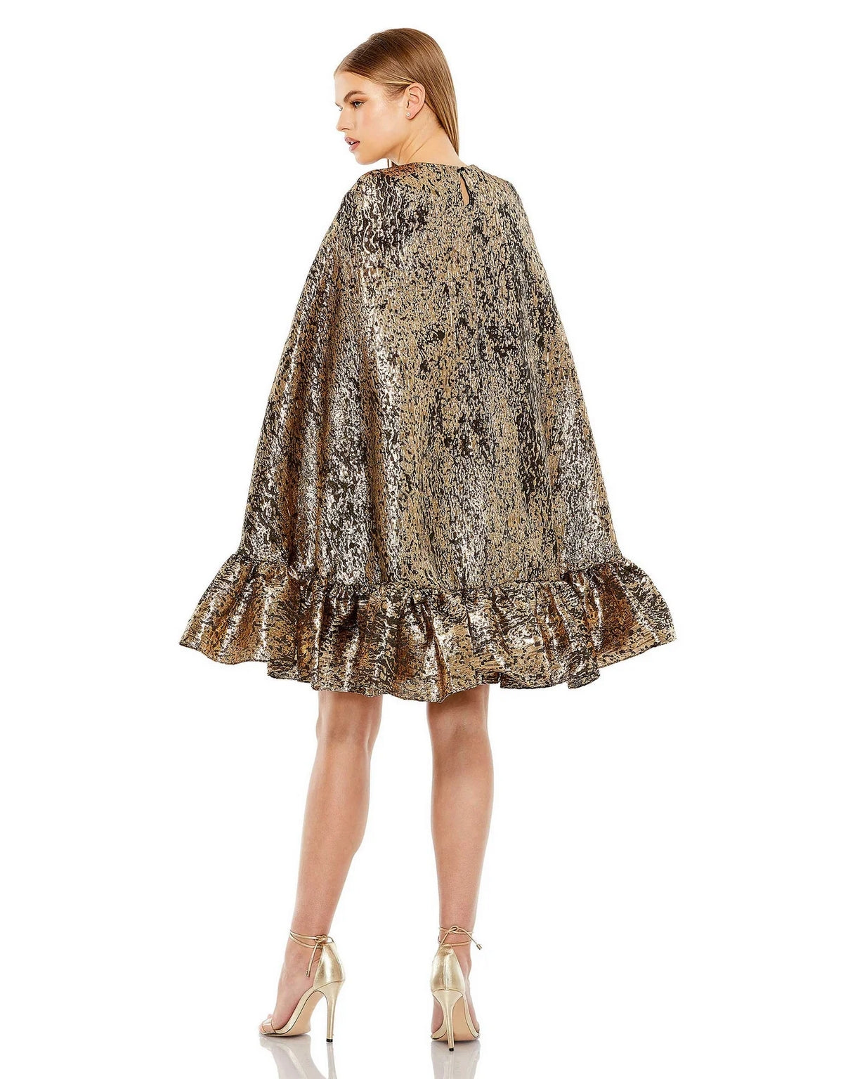 Mac Duggal 20700 High Neck Cape Sleeve Metallic Trapeze Short dress
