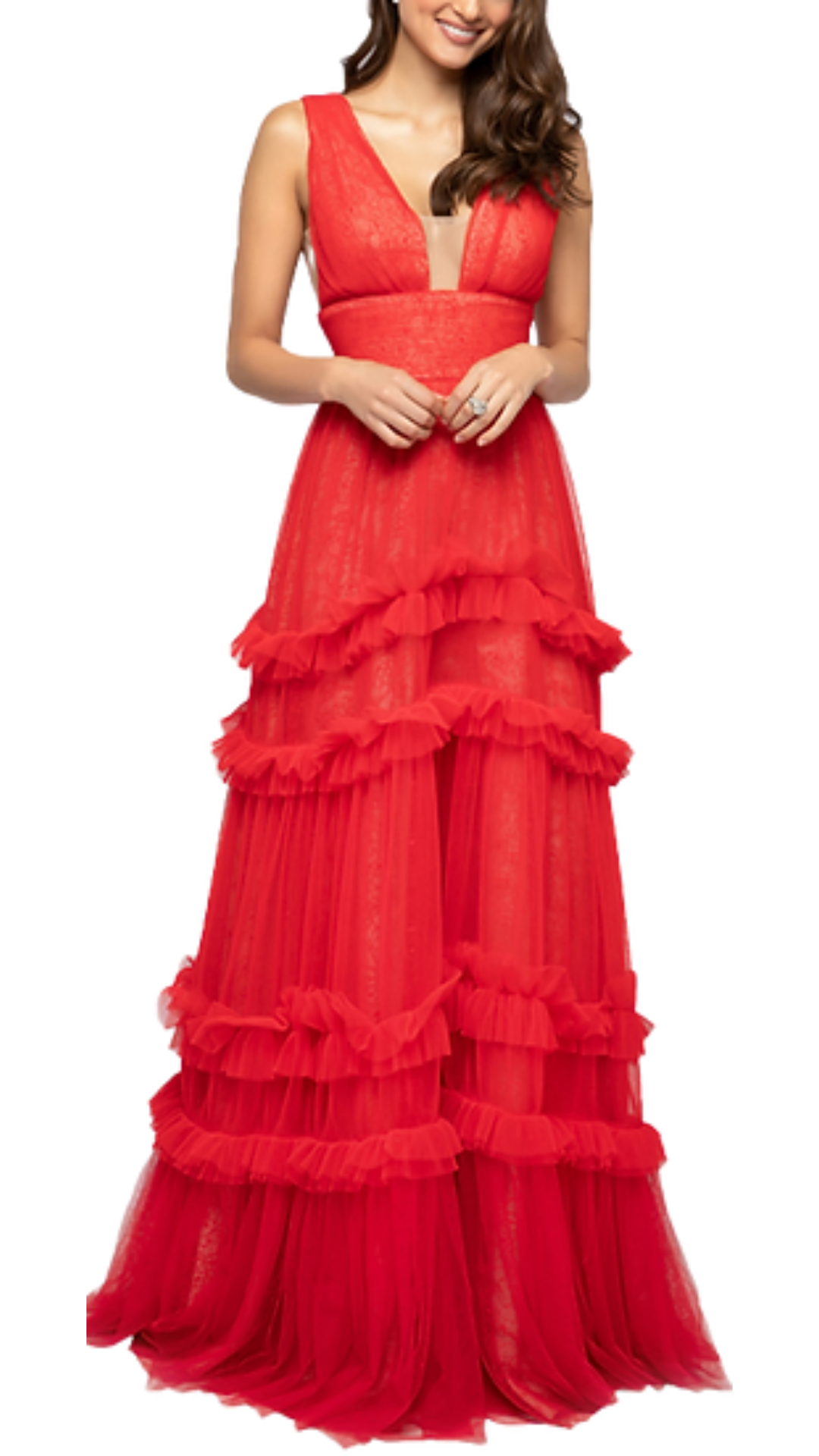 Terani Veronica Tiered Lace Gown in Red