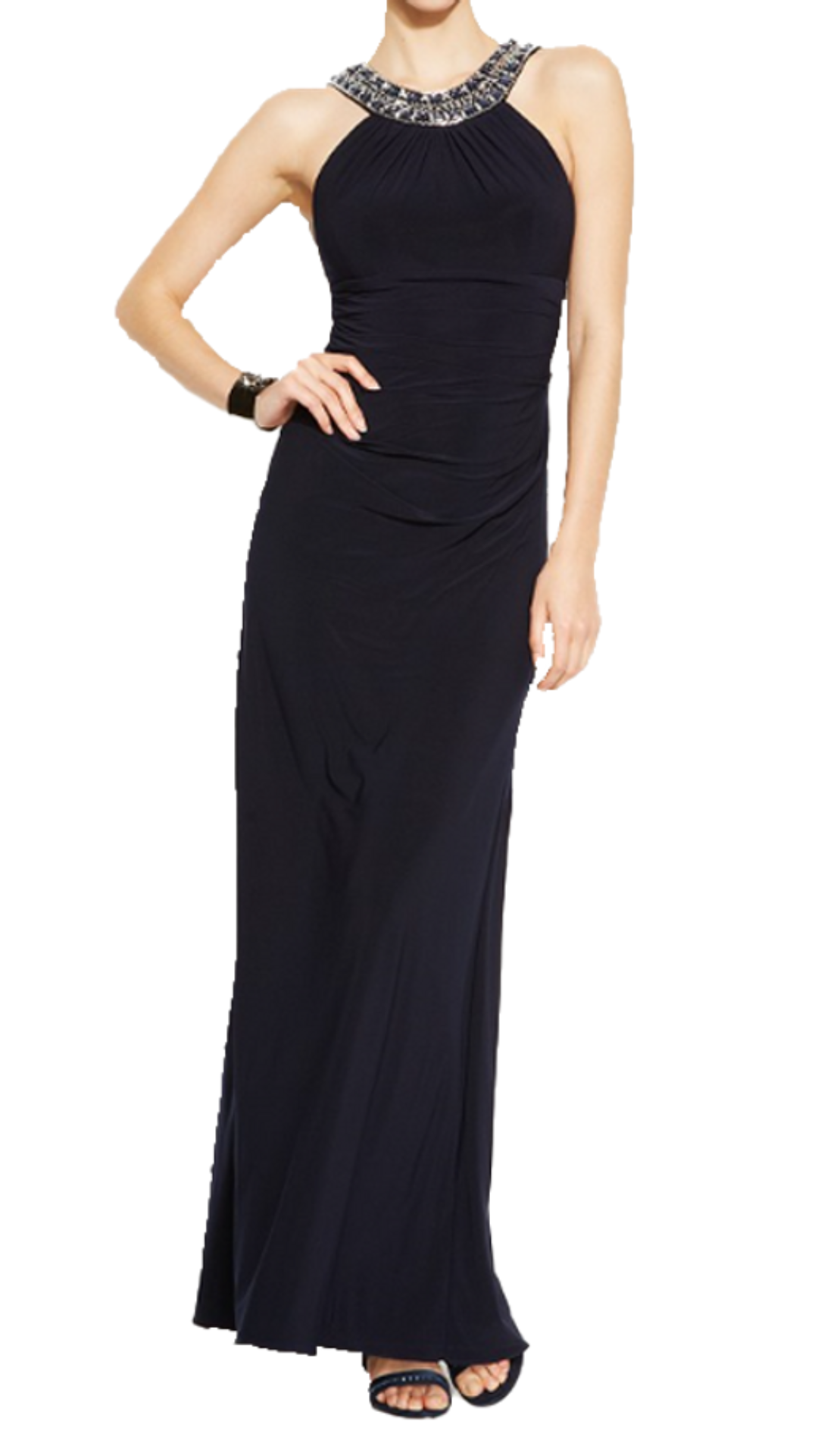 Shelli Segal Sydney Bead-Trim Ruched Halter Gown in Navy