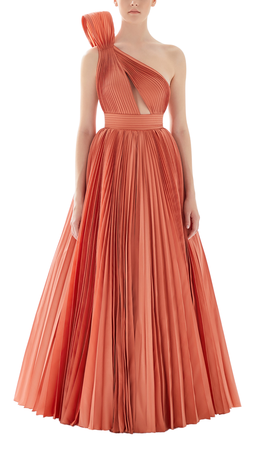 Tarik Ediz Bett One-Shoulder Pleated Gown in Sunset