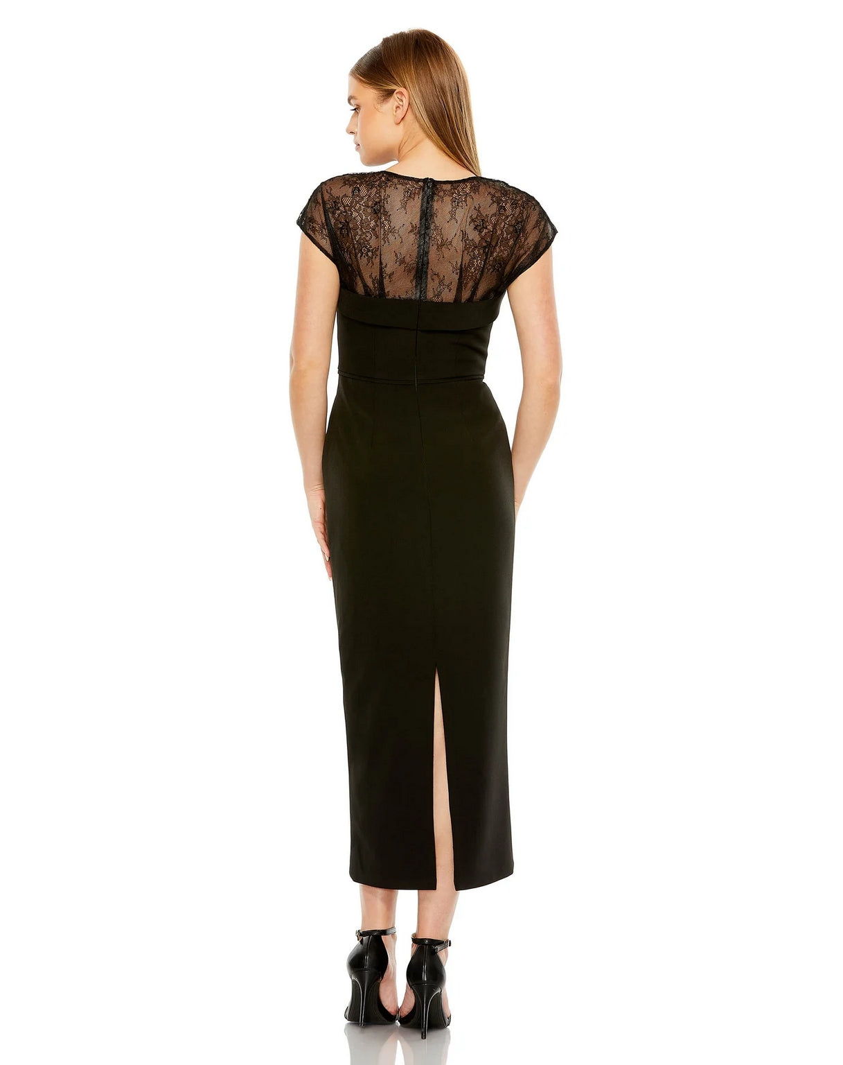 Mac Duggal 49799 Sheer Lace Top Crepe Midi Dress