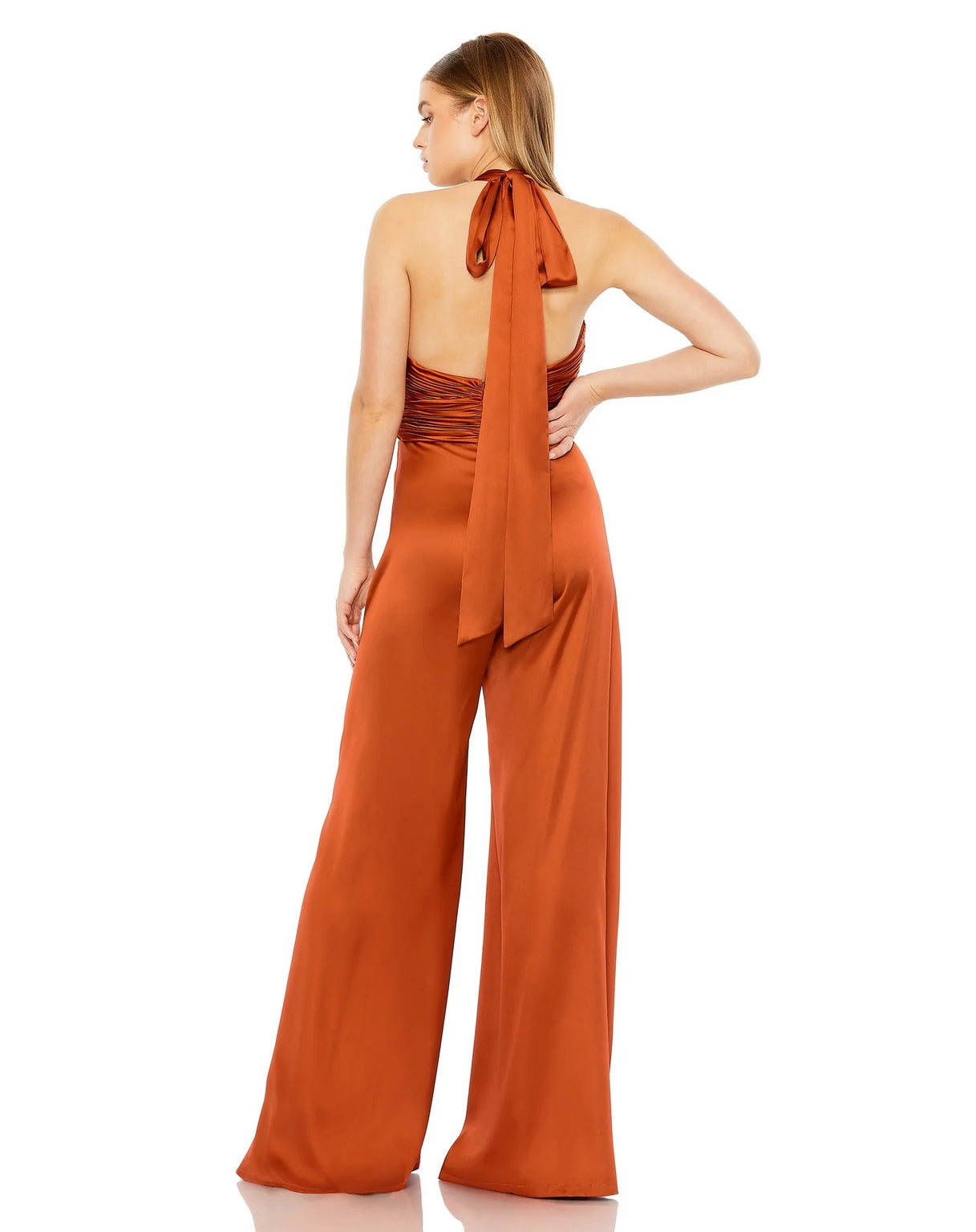 Mac Duggal 49810 Ruched Halter Top Wide Leg Satin Jumpsuit