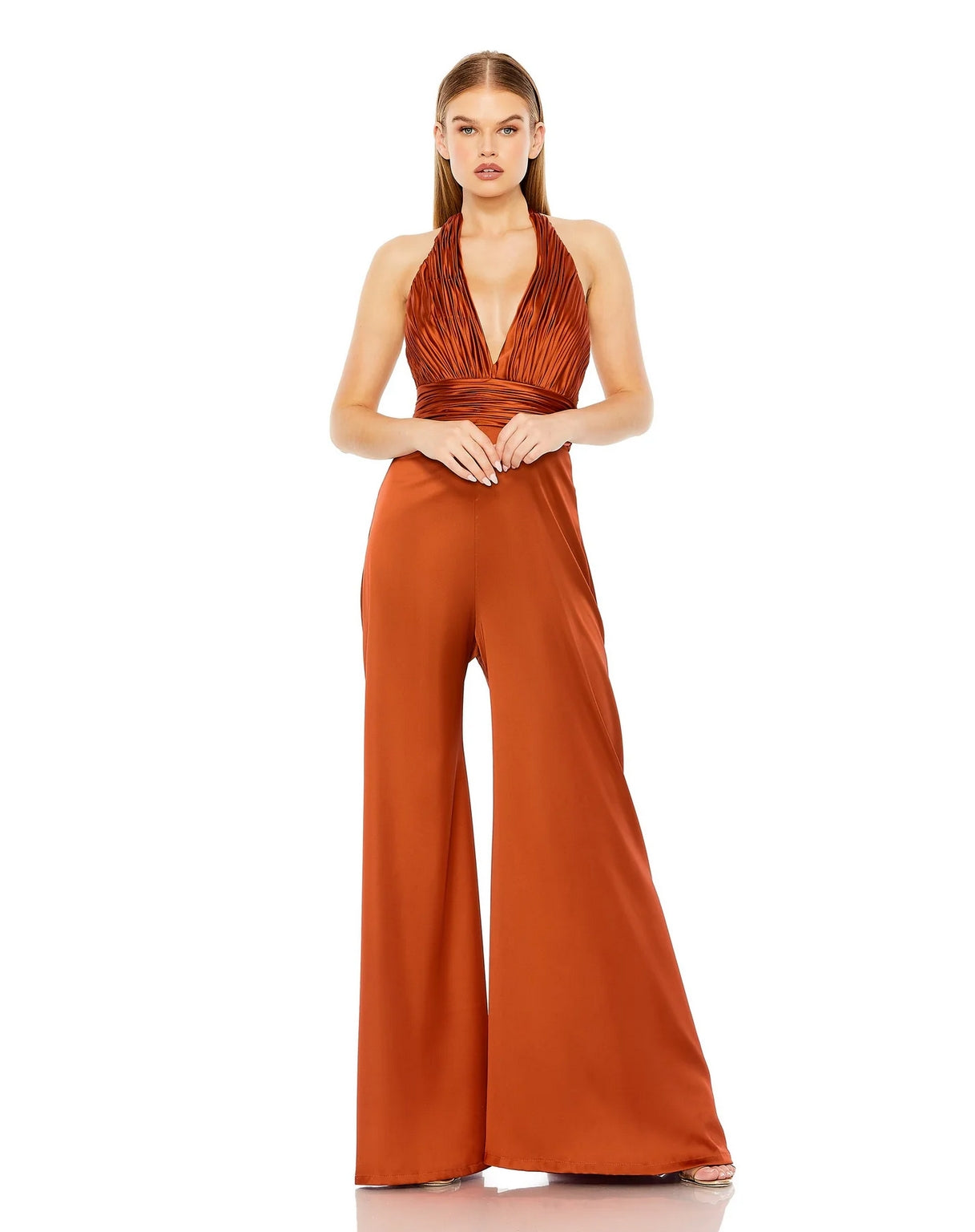 Mac Duggal 49810 Ruched Halter Top Wide Leg Satin Jumpsuit