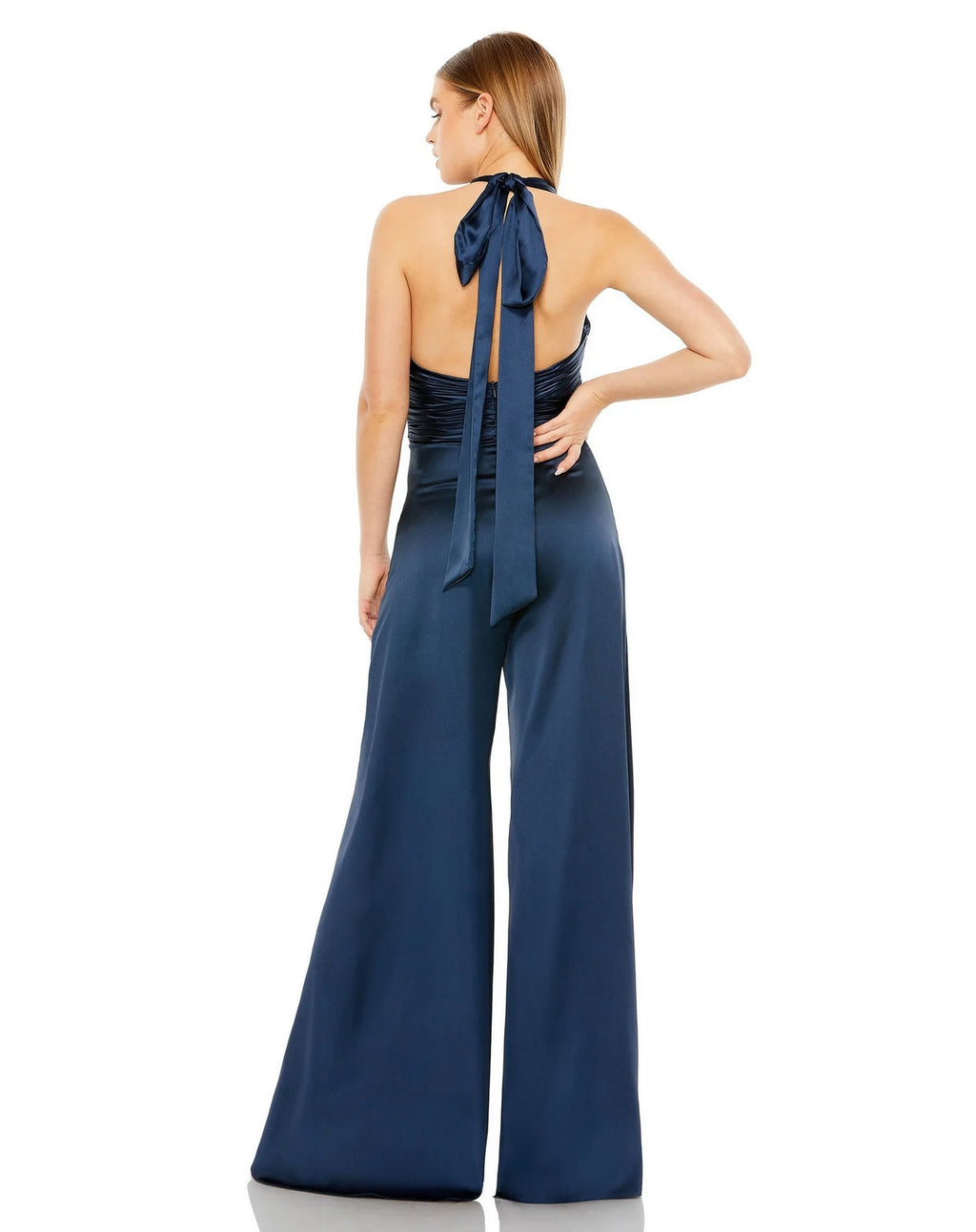 Mac Duggal 49810 Ruched Halter Top Wide Leg Satin Jumpsuit