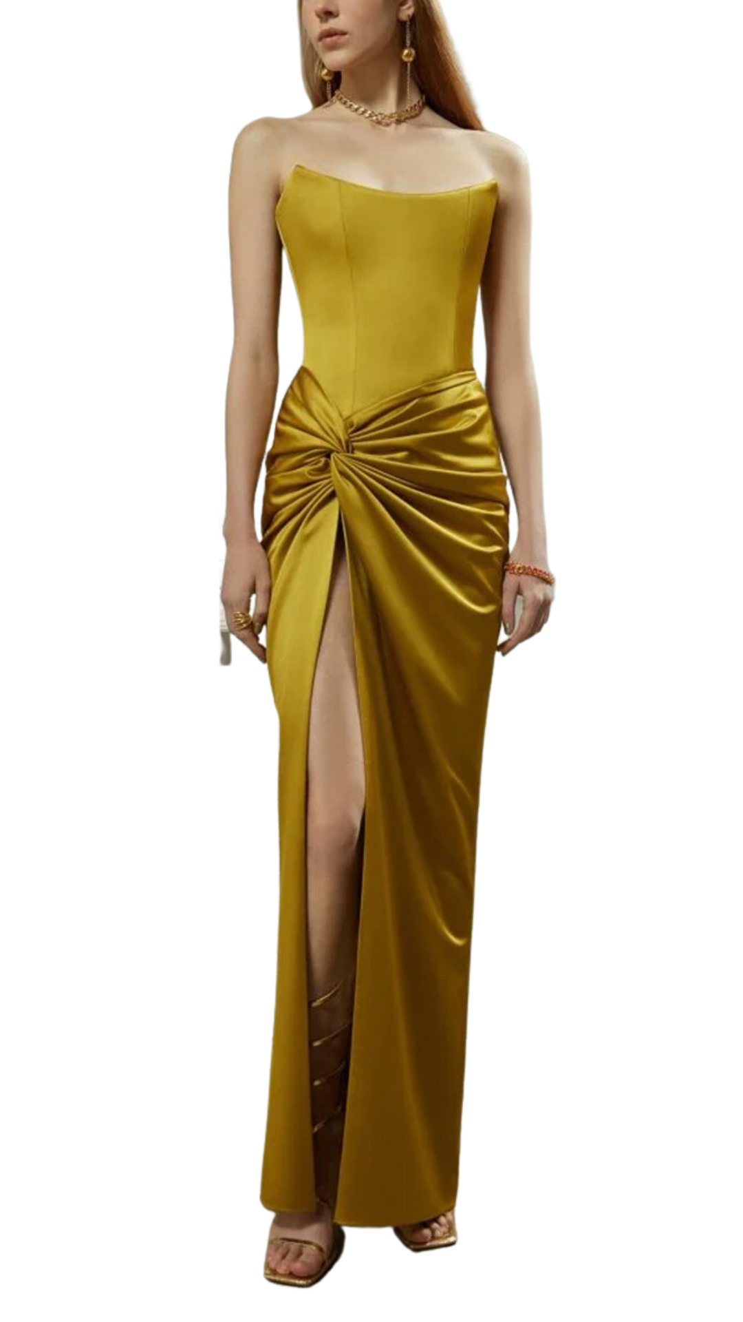 Rasario Yulia Satin Corset Maxi Dress with Draped Skirt in Mustard