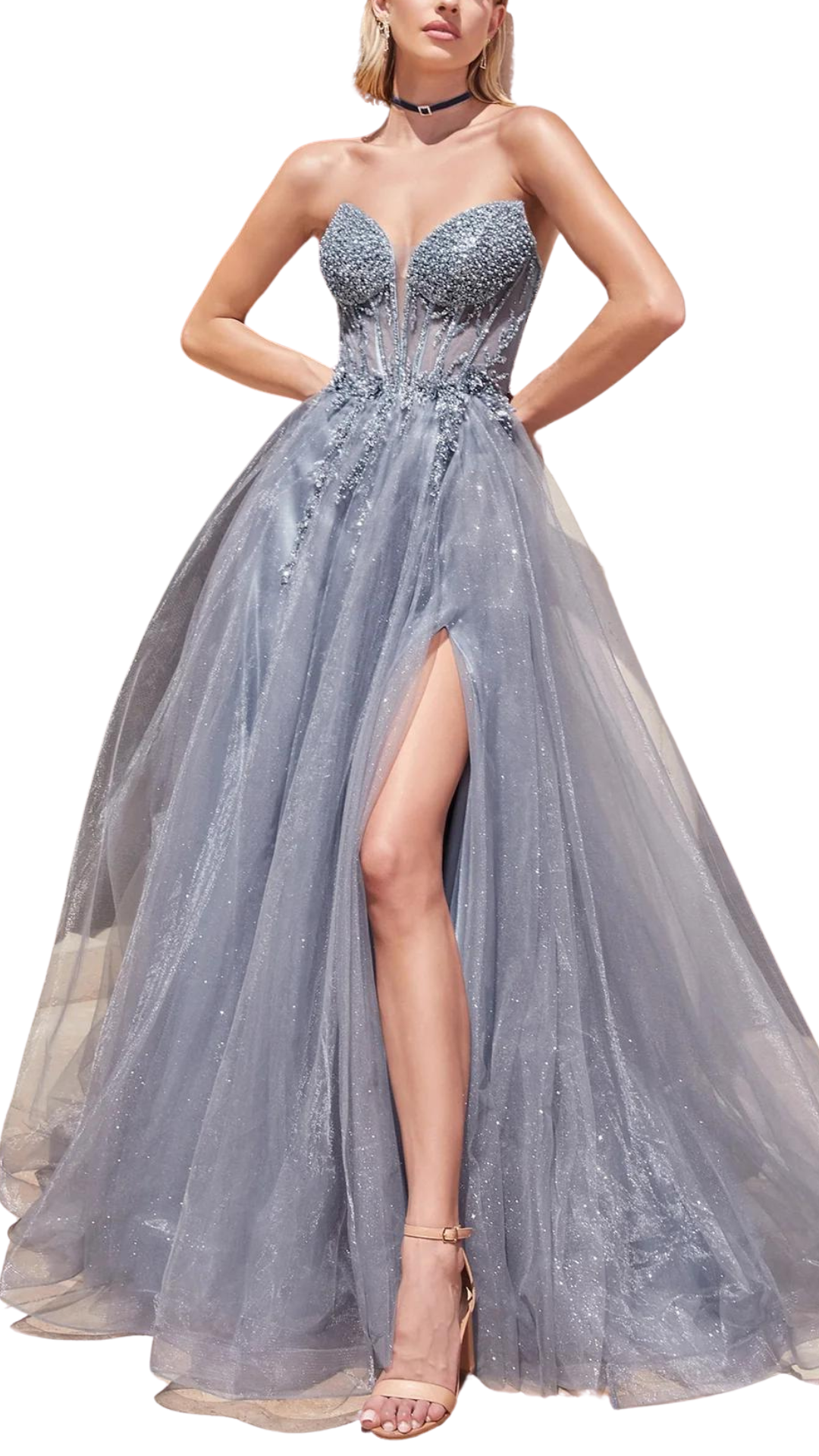 Ladivine A-Line Embellished Gown in Smoky Blue