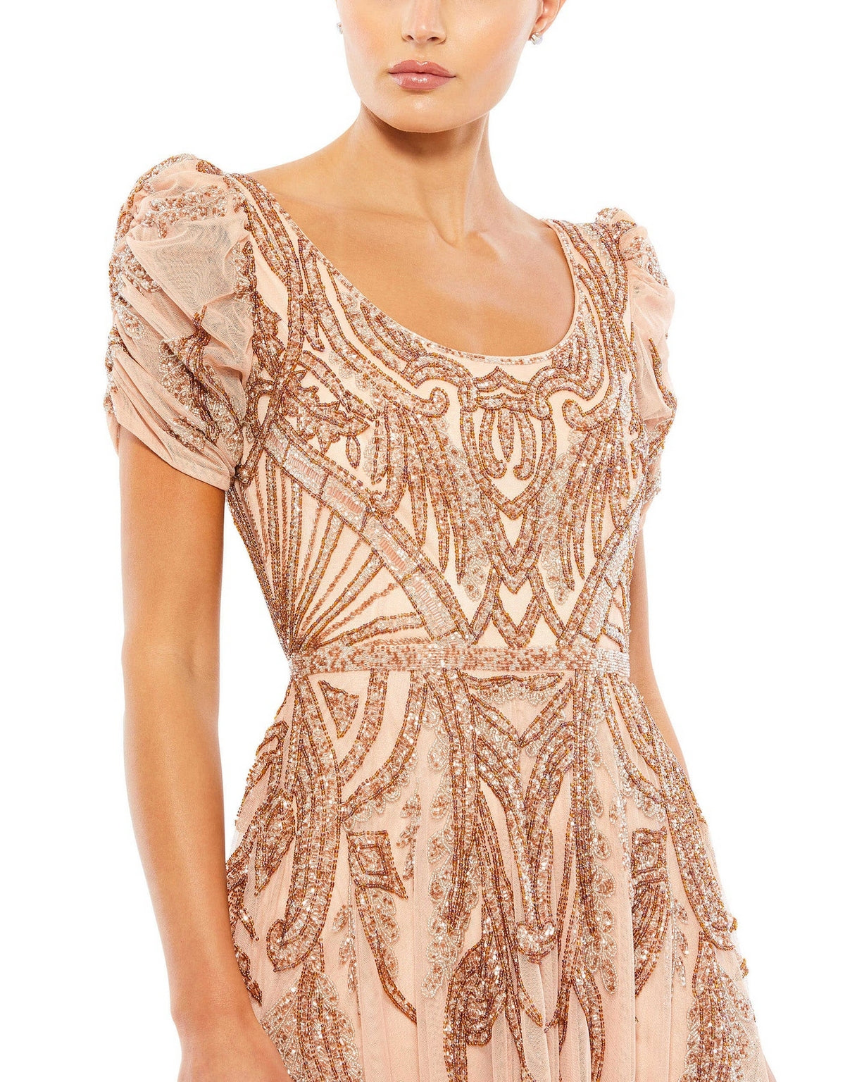 Mac Duggal 5434 Beaded Short Sleeve Tea Length Dress
