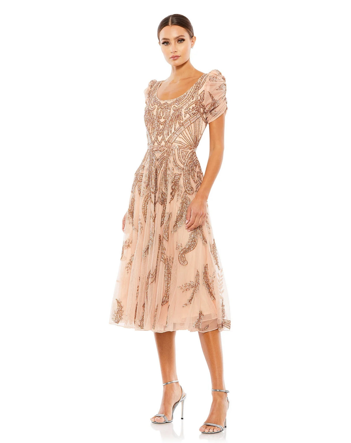 Mac Duggal 5434 Beaded Short Sleeve Tea Length Dress