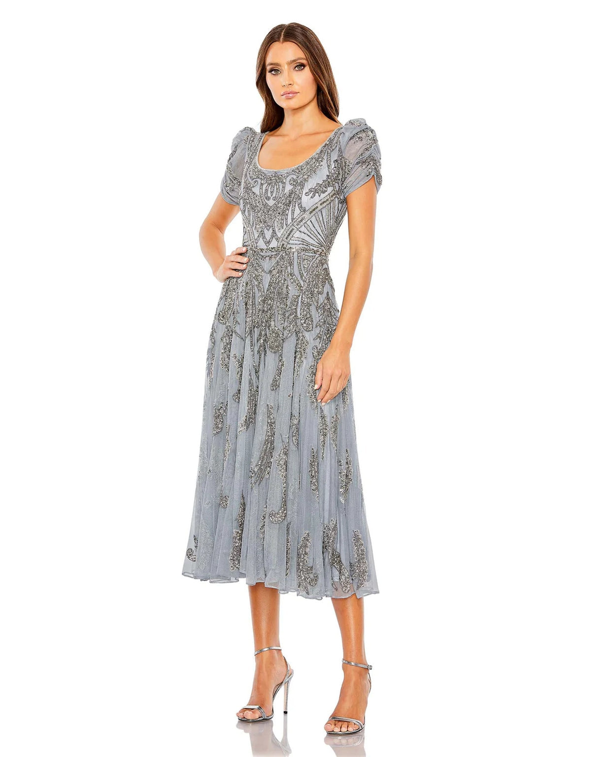 Mac Duggal 5434 Beaded Short Sleeve Tea Length Dress