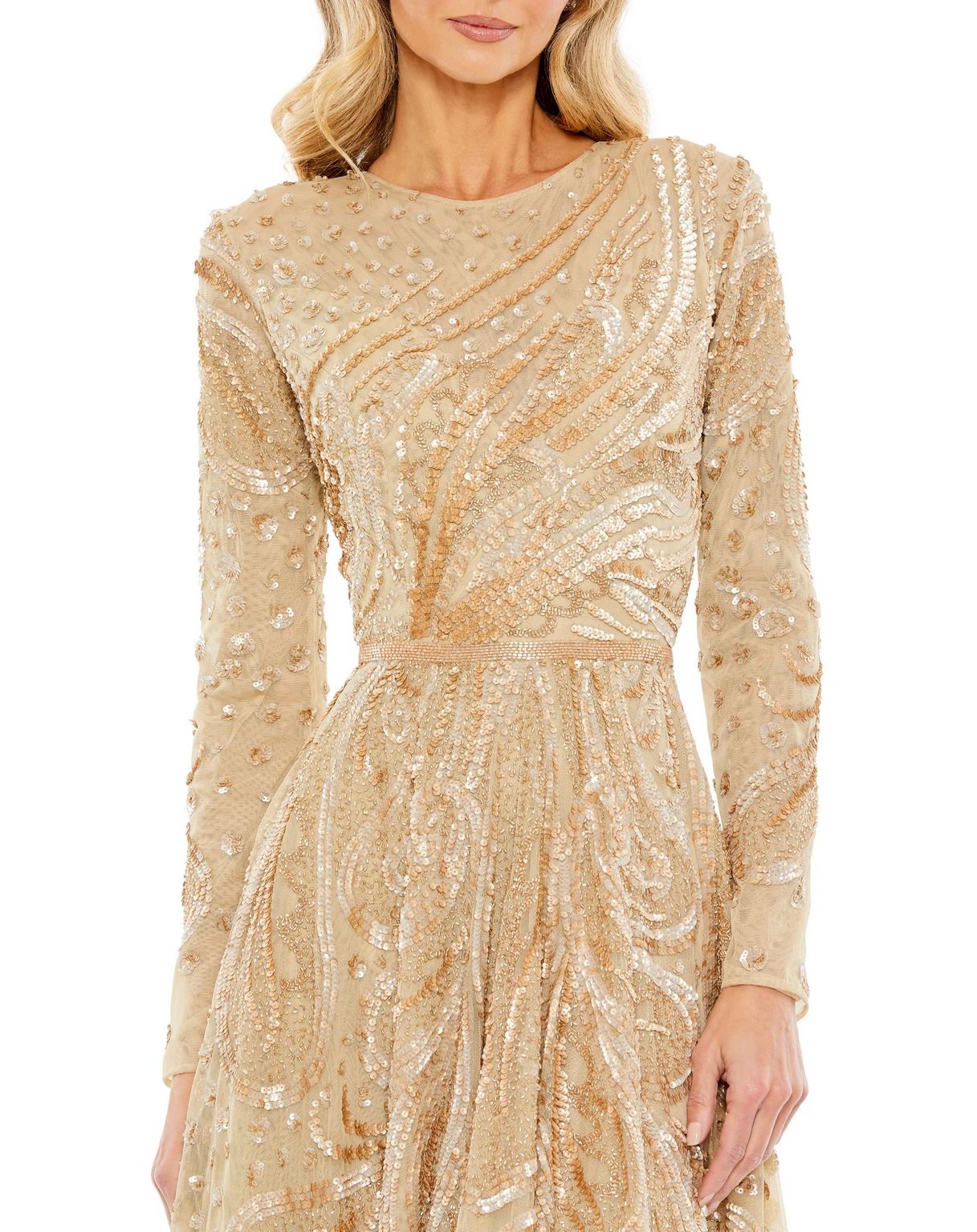 Mac Duggal 5572 Embellished Illusion High Neck Long Sleeve Midi Dress