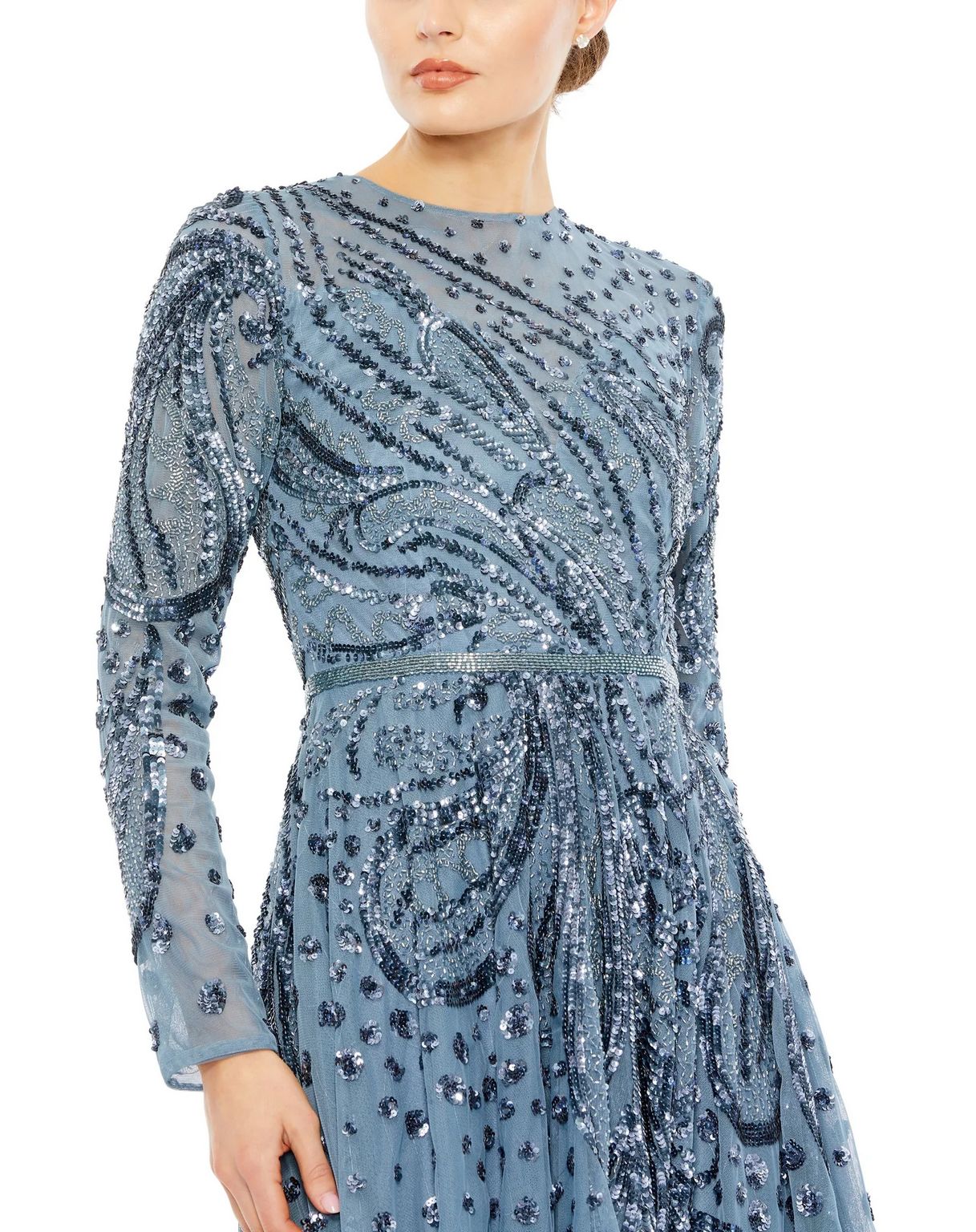 Mac Duggal 5572 Embellished Illusion High Neck Long Sleeve Midi Dress