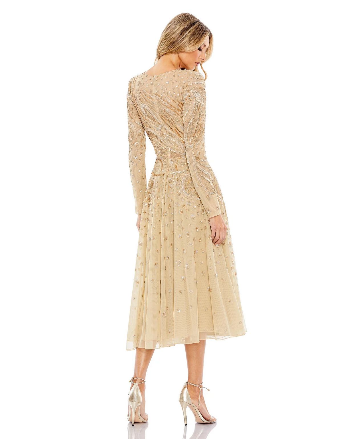 Mac Duggal 5572 Embellished Illusion High Neck Long Sleeve Midi Dress