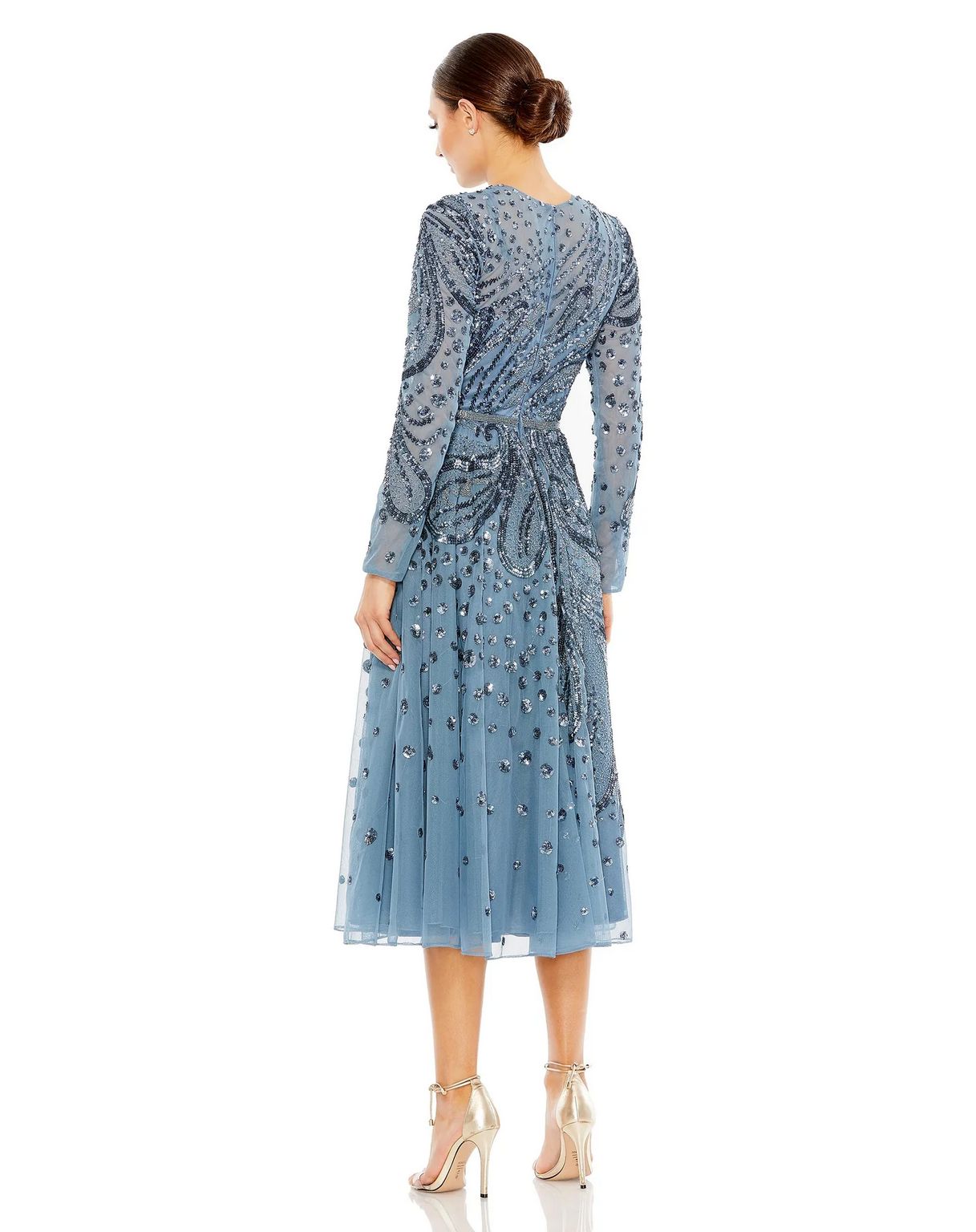 Mac Duggal 5572 Embellished Illusion High Neck Long Sleeve Midi Dress
