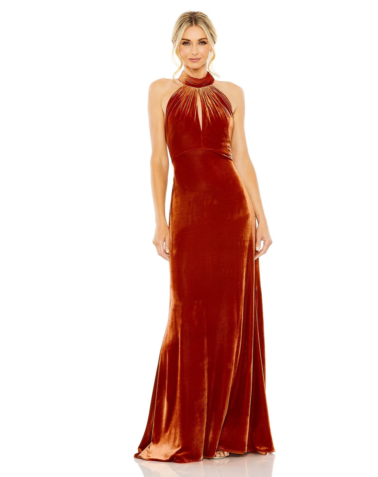 Mac Duggal 55954 Long Halter Tie Front Slit Velvet Column Dress