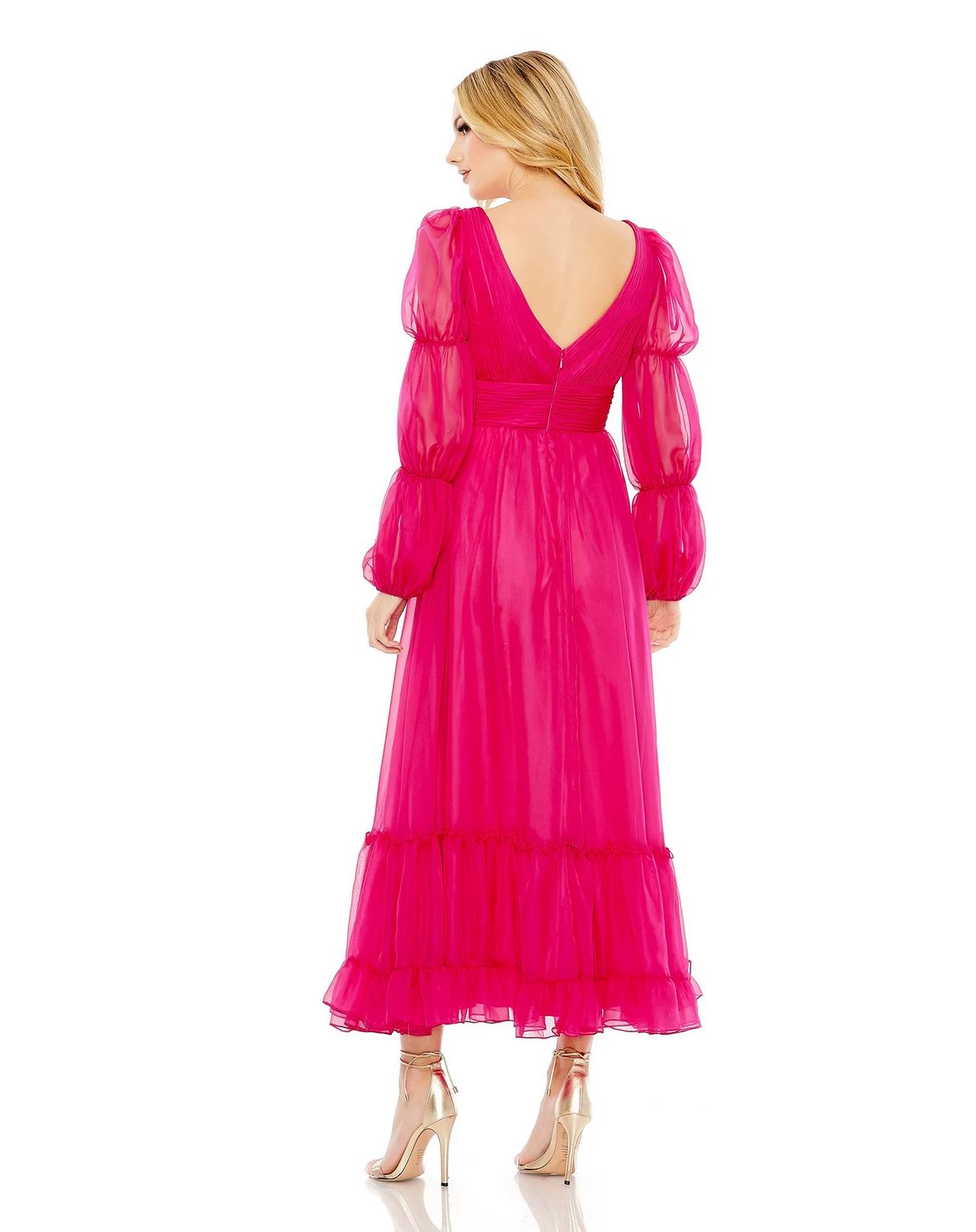 Mac Duggal 68254 Long Chiffon Ruched Tiered Puff Sleeve A Line Dress