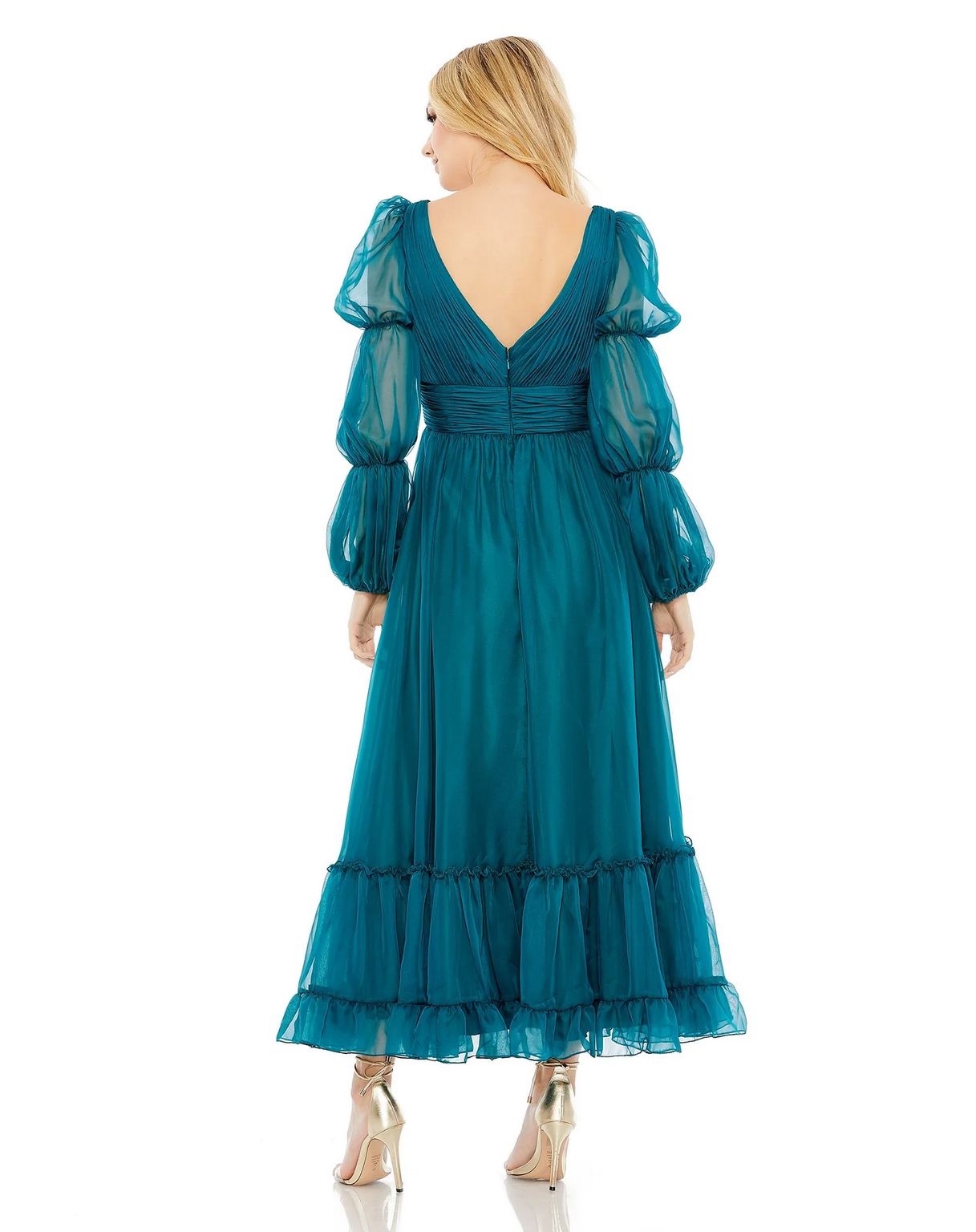 Mac Duggal 68254 Long Chiffon Ruched Tiered Puff Sleeve A Line Dress