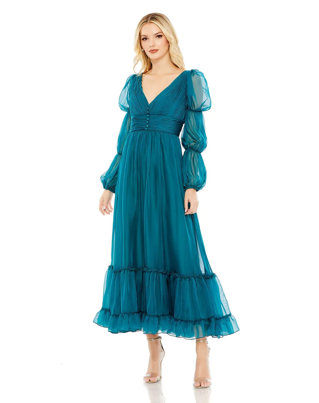 Mac Duggal 68254 Long Chiffon Ruched Tiered Puff Sleeve A Line Dress