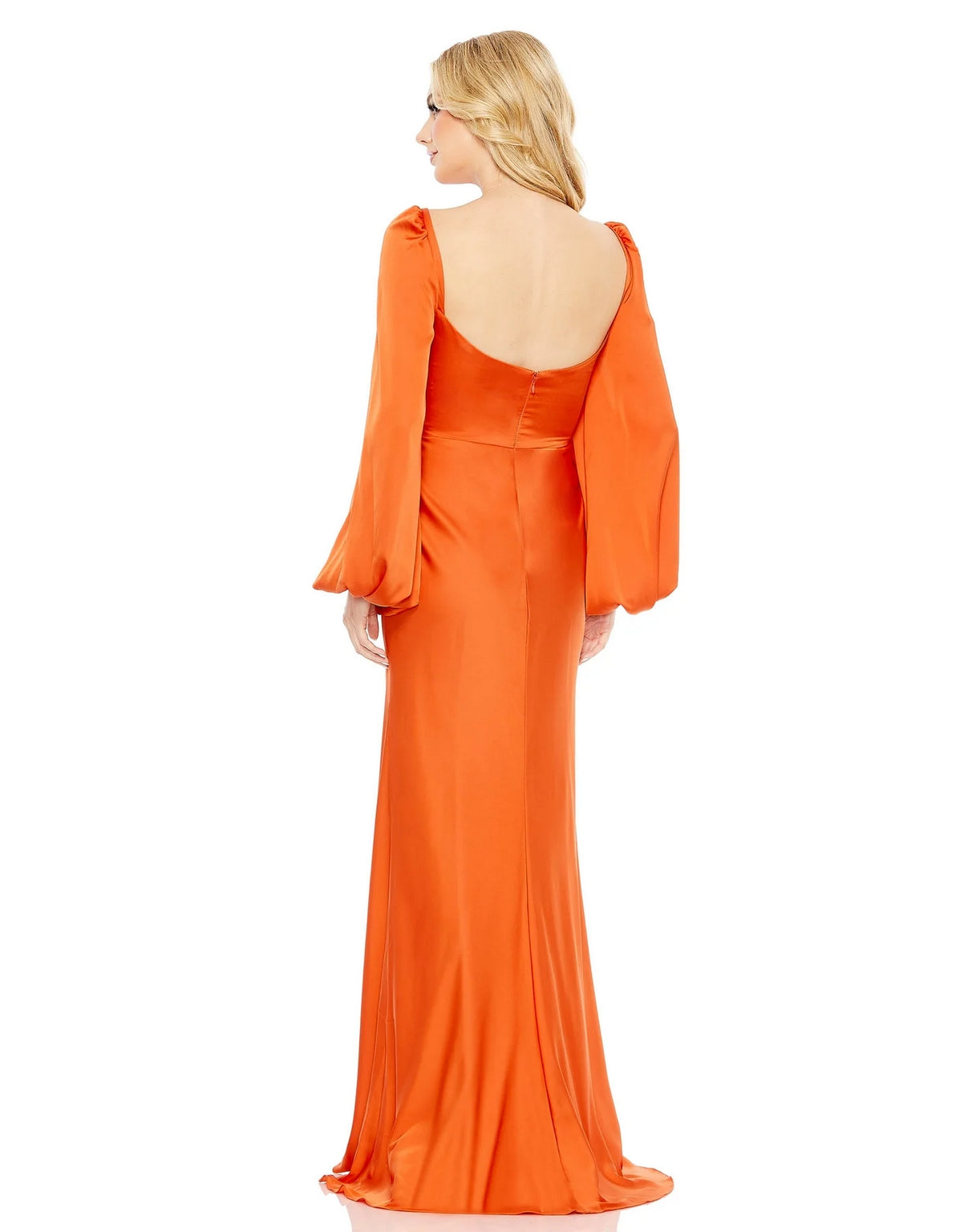 Mac Duggal 68335 Long Charmeuse Wrap Over Bishop Sleeve Dress