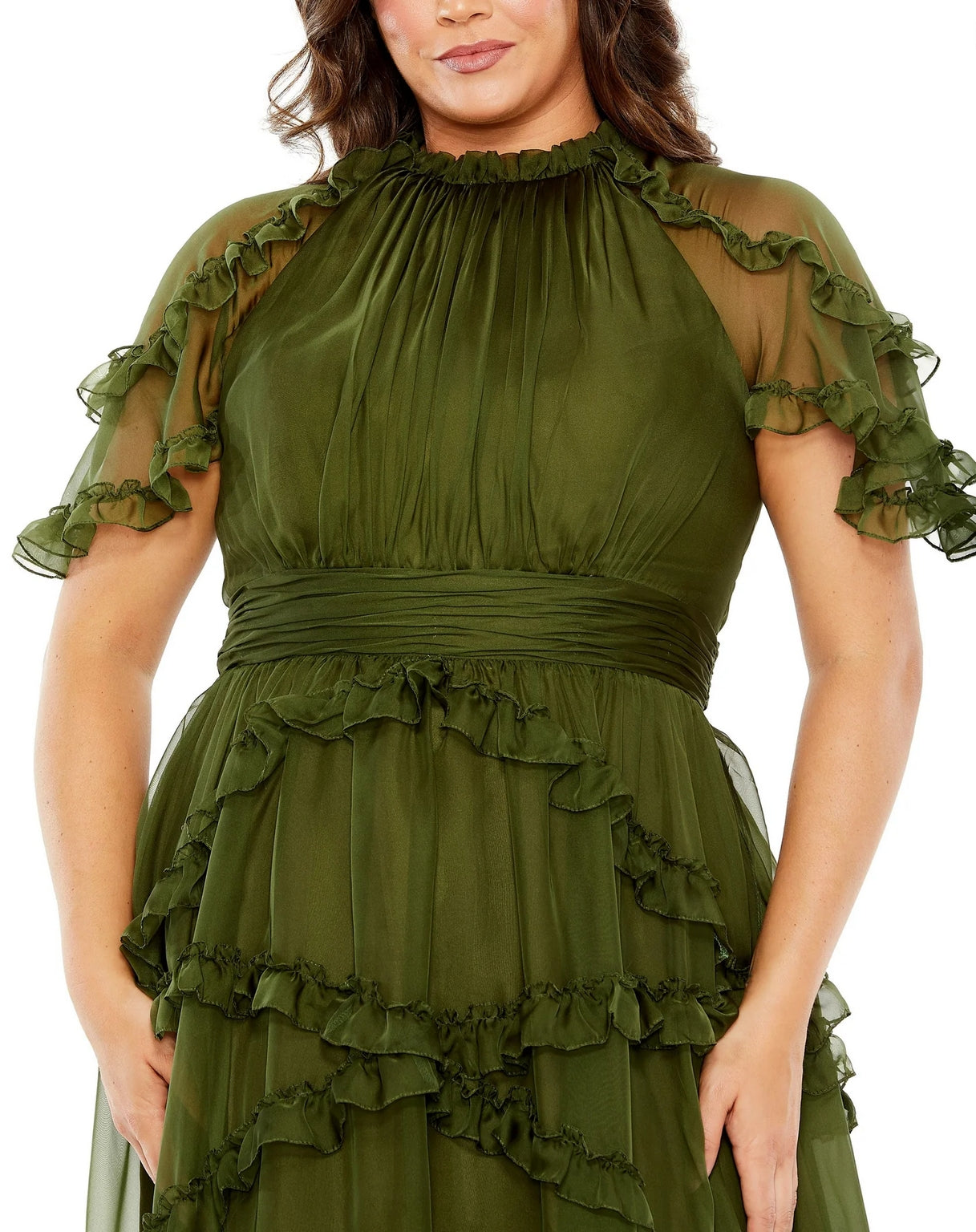 Mac Duggal 68424 High Neck Ruffle Tiered Flutter Sleeve Plus Size Dress