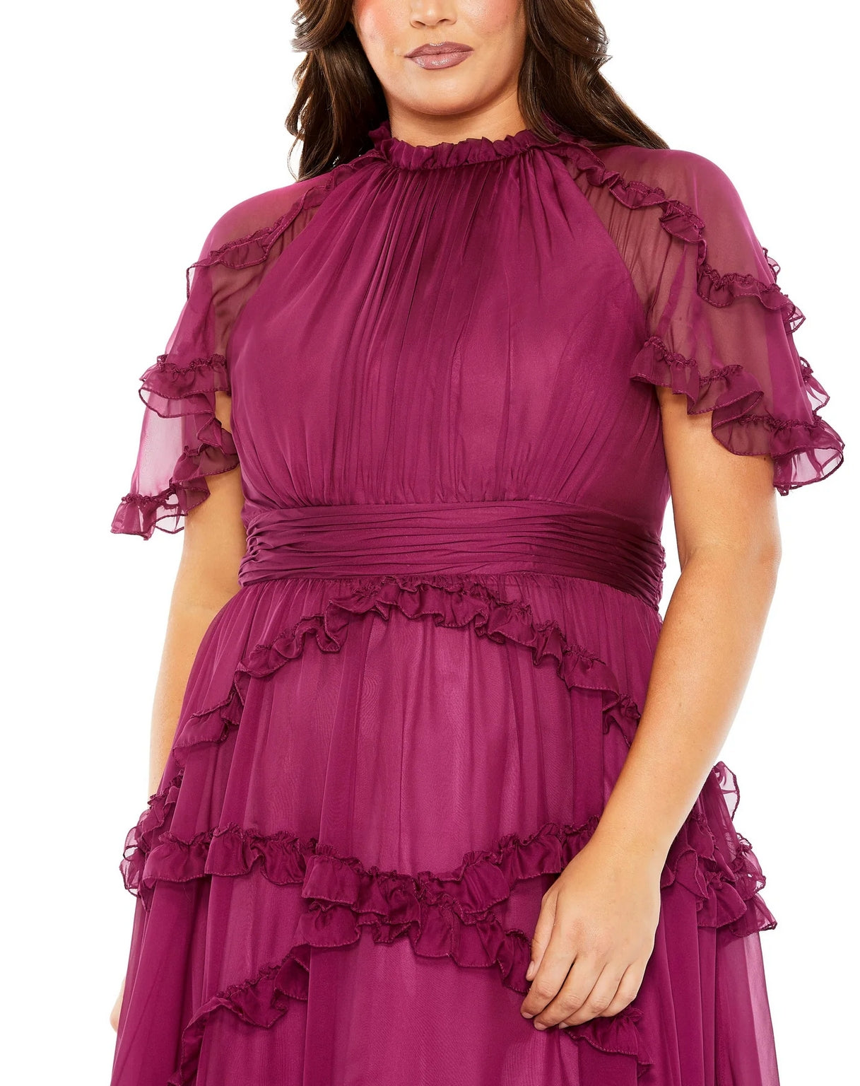 Mac Duggal 68424 High Neck Ruffle Tiered Flutter Sleeve Plus Size Dress