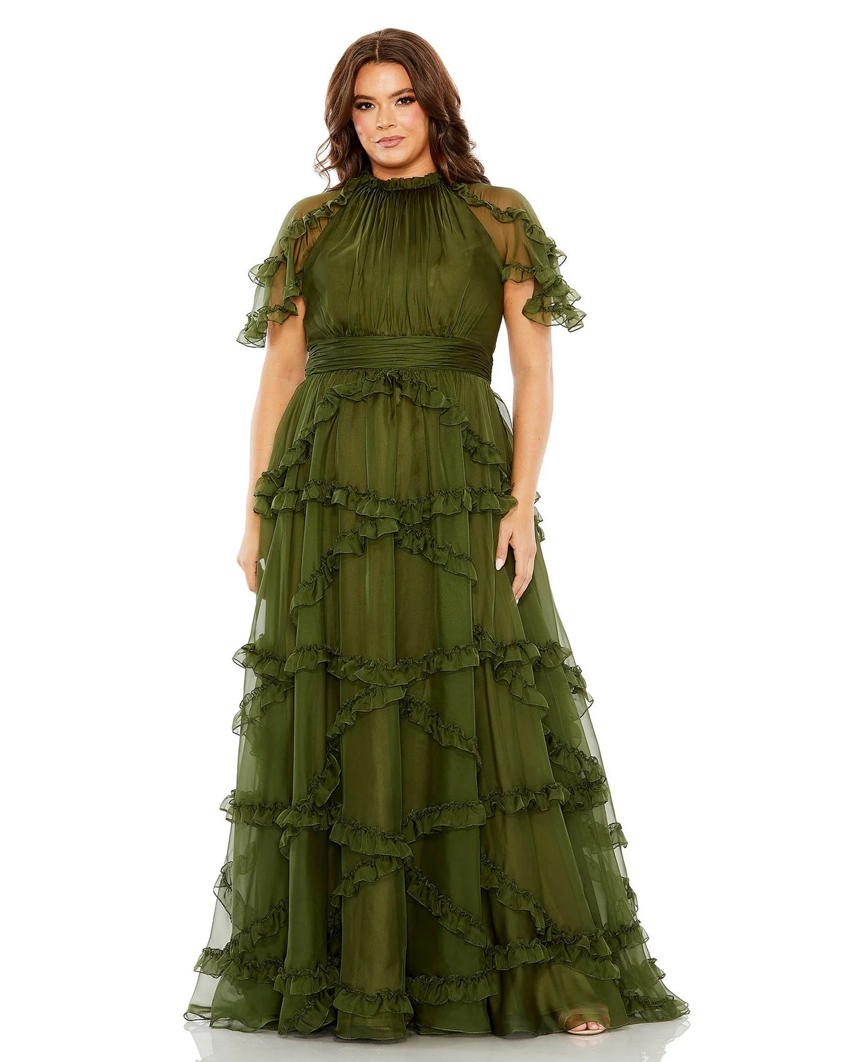 Mac Duggal 68424 High Neck Ruffle Tiered Flutter Sleeve Plus Size Dress
