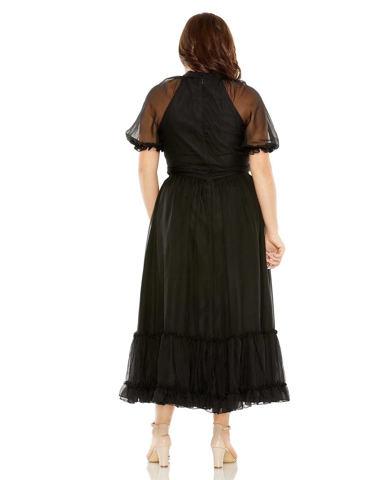 Mac Duggal 68428 Sheer Puff Sleeve Plus Size Midi Dress