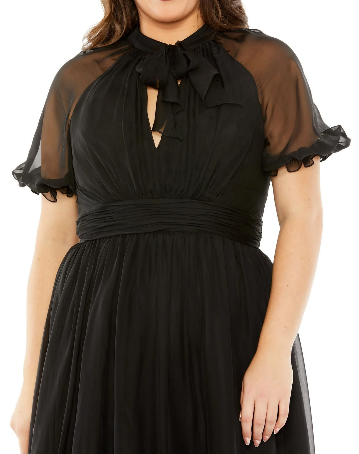 Mac Duggal 68428 Sheer Puff Sleeve Plus Size Midi Dress