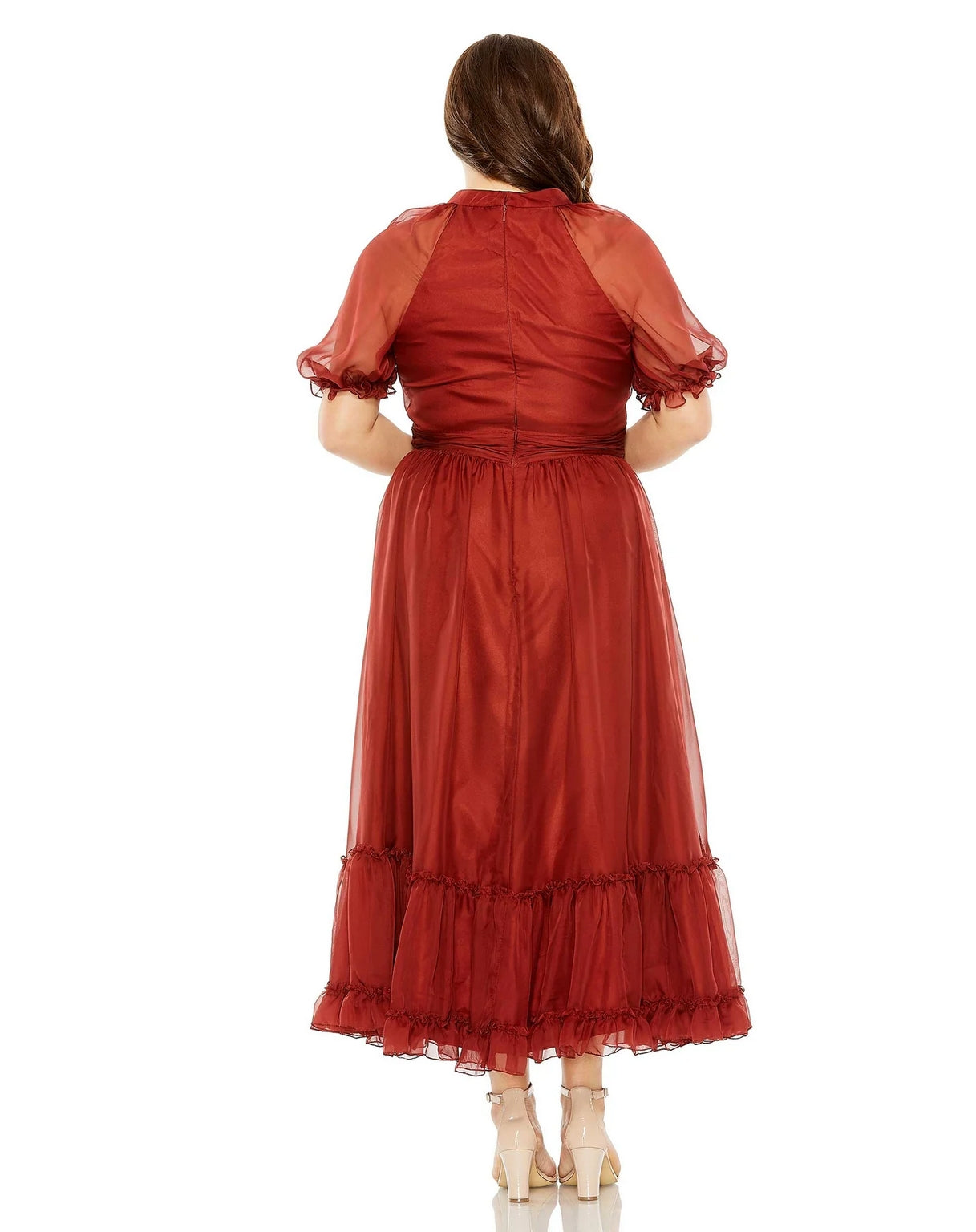 Mac Duggal 68428 Sheer Puff Sleeve Plus Size Midi Dress