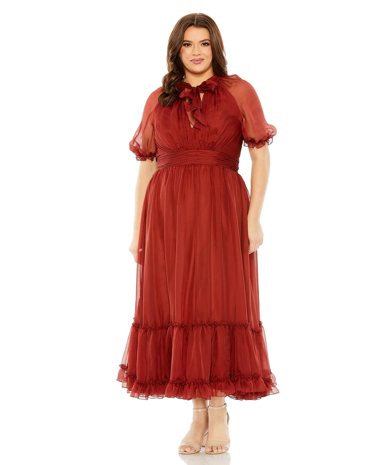 Mac Duggal 68428 Sheer Puff Sleeve Plus Size Midi Dress