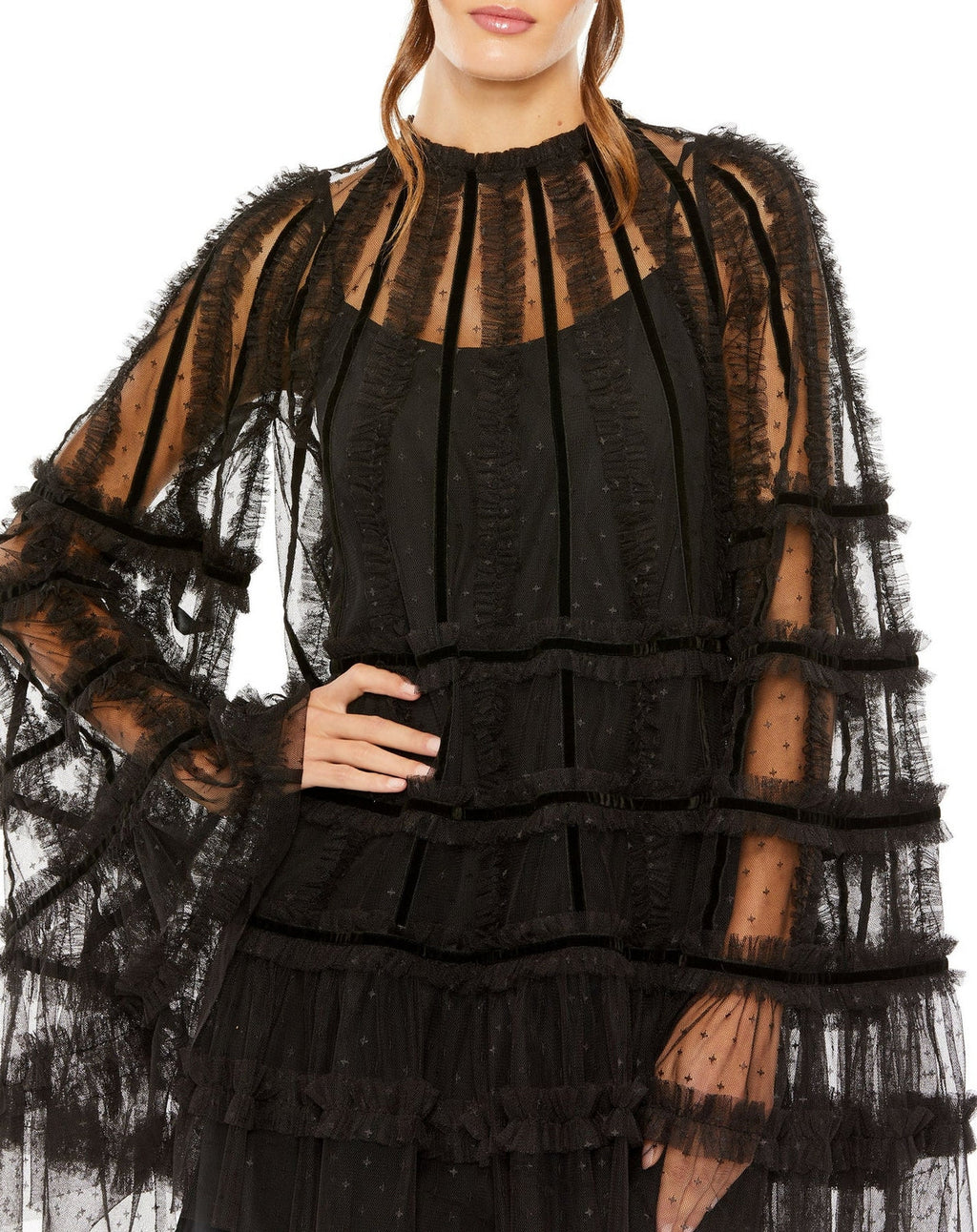 Mac Duggal 8053 High Neck Ruffle Bell Sleeve Trapeze Short Dress