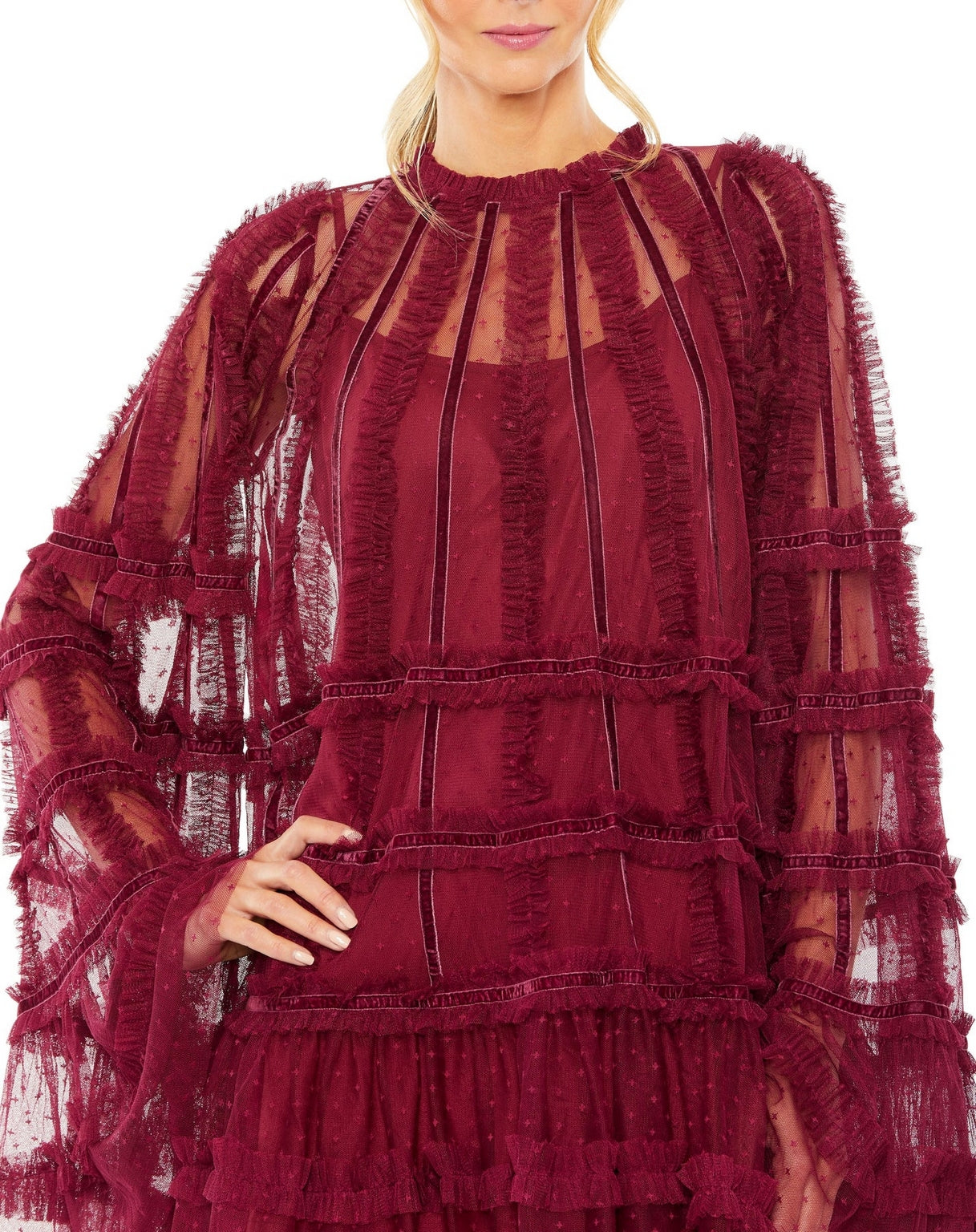 Mac Duggal 8053 High Neck Ruffle Bell Sleeve Trapeze Short Dress